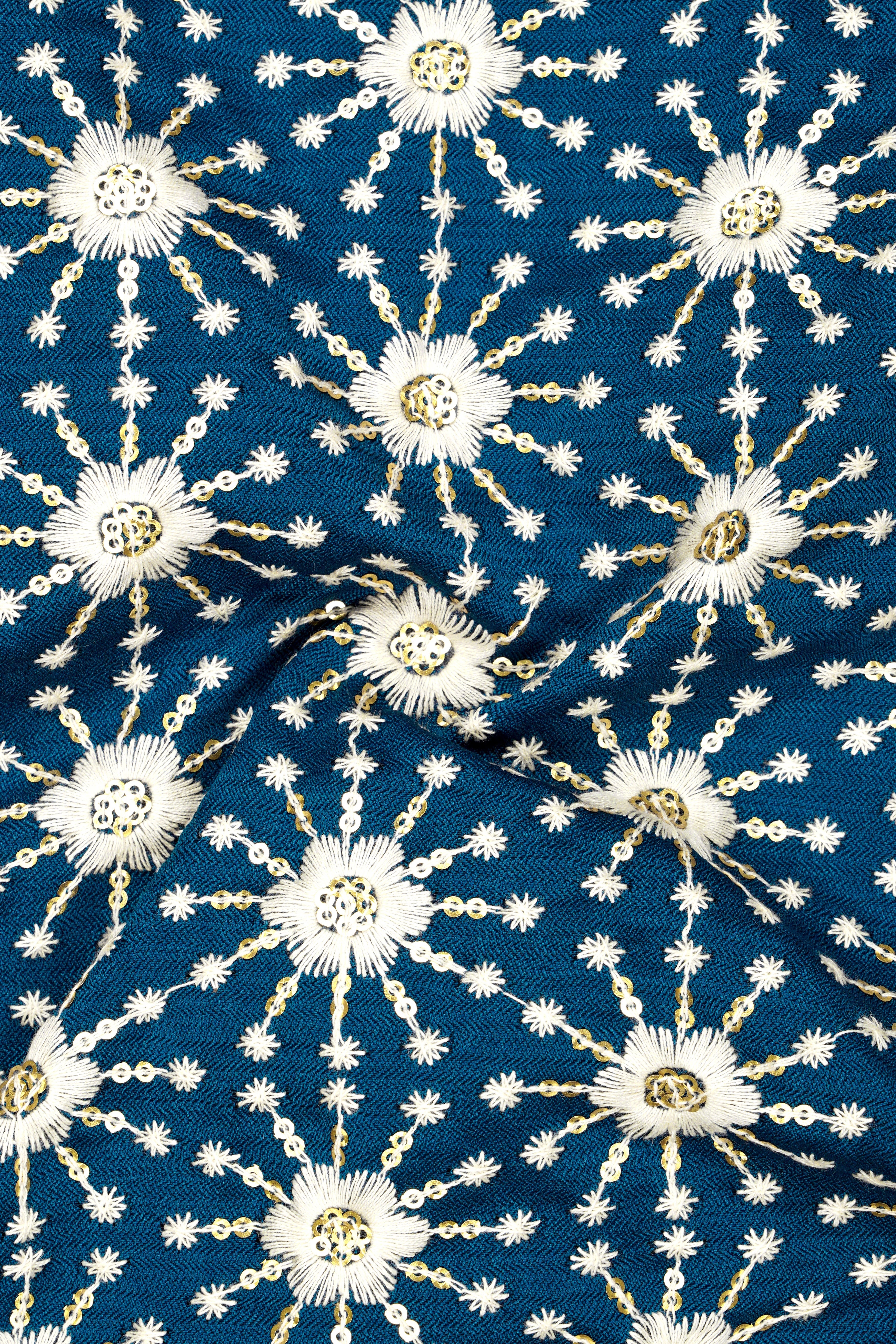 Bluviera-Sherpa Blue and Bright White Floral Embroidered with Sequin Work Viscose Designer Tuxedo Suit