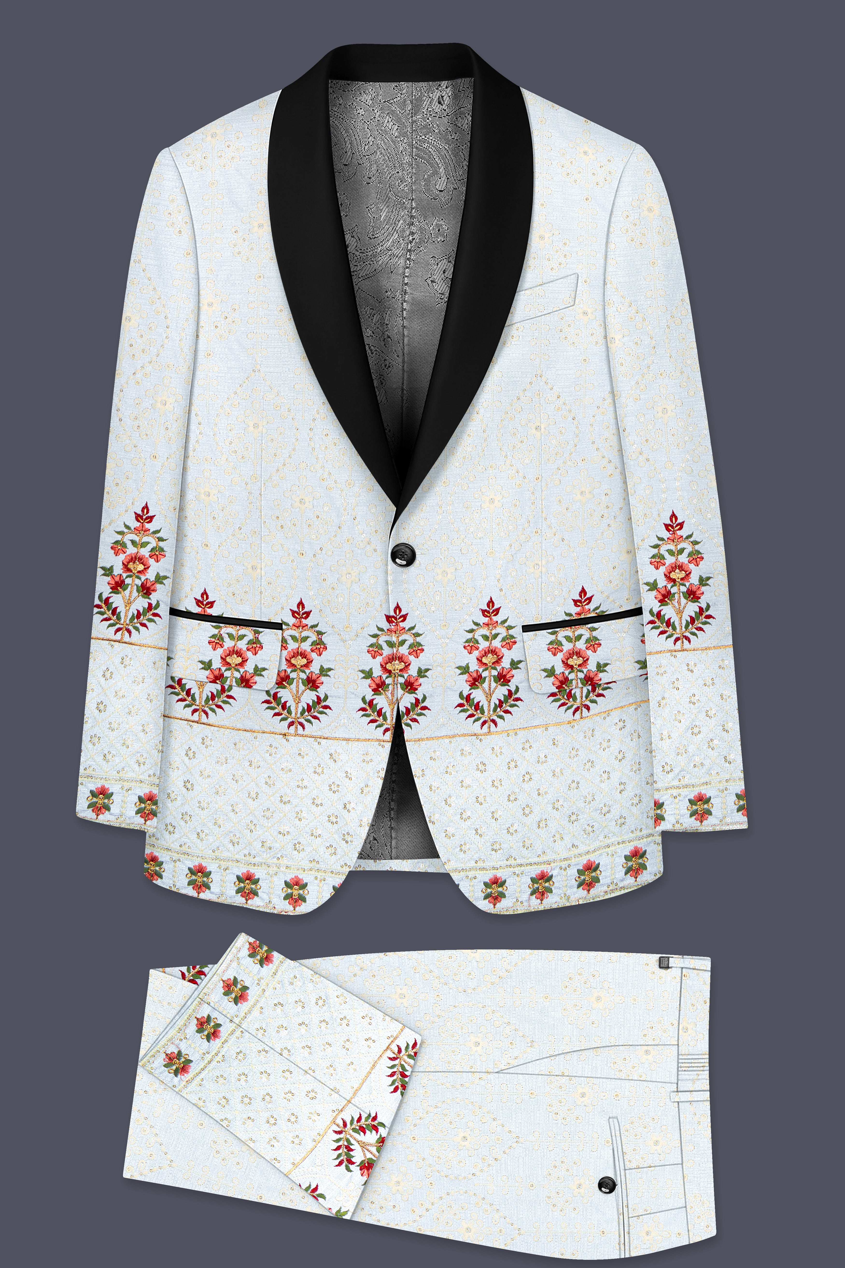 Rosavon-Merino Cream and Merlot Red Multicolour Thread and Sequin Embroidered Designer Suit
