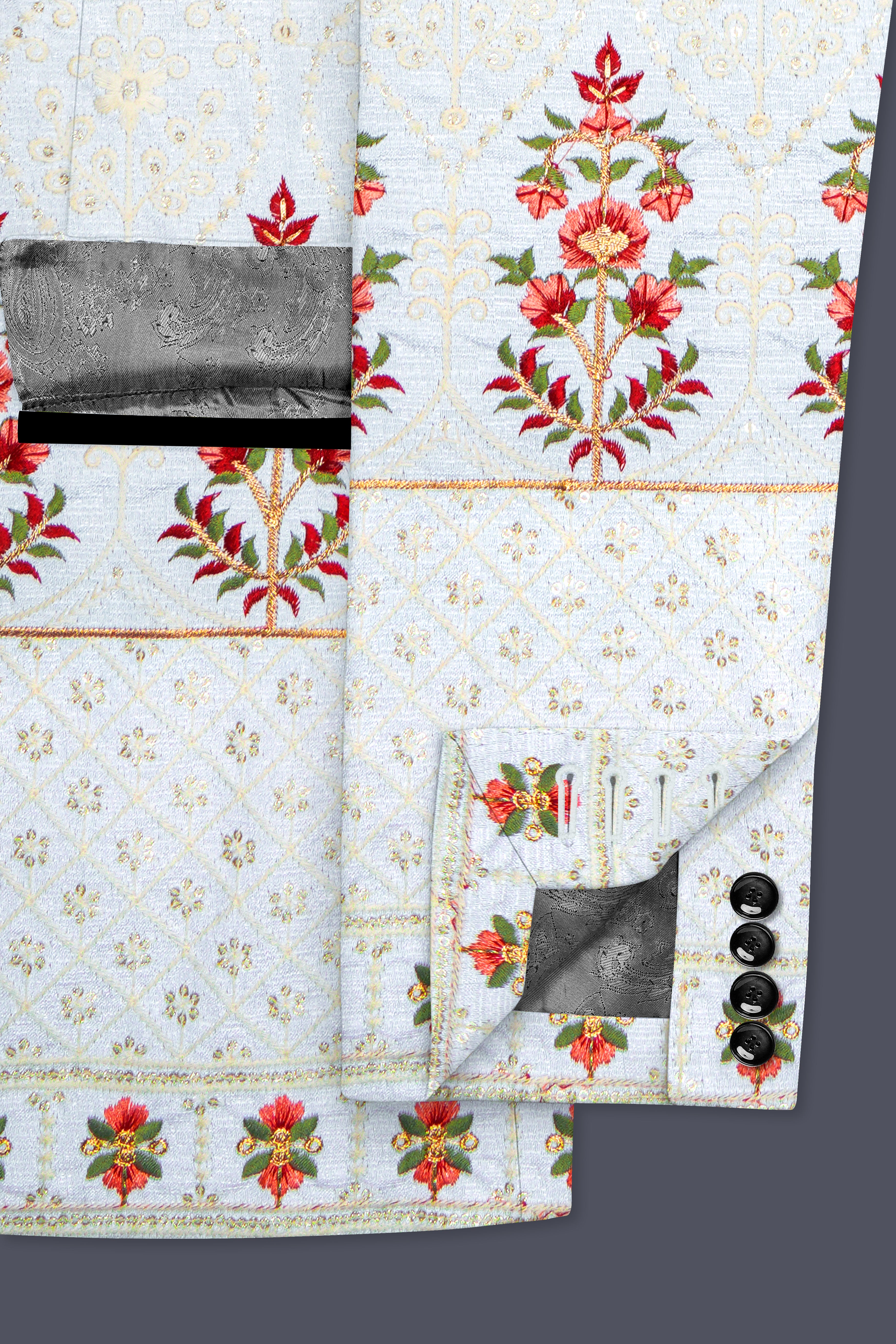 Rosavon-Merino Cream and Merlot Red Multicolour Thread and Sequin Embroidered Designer Suit