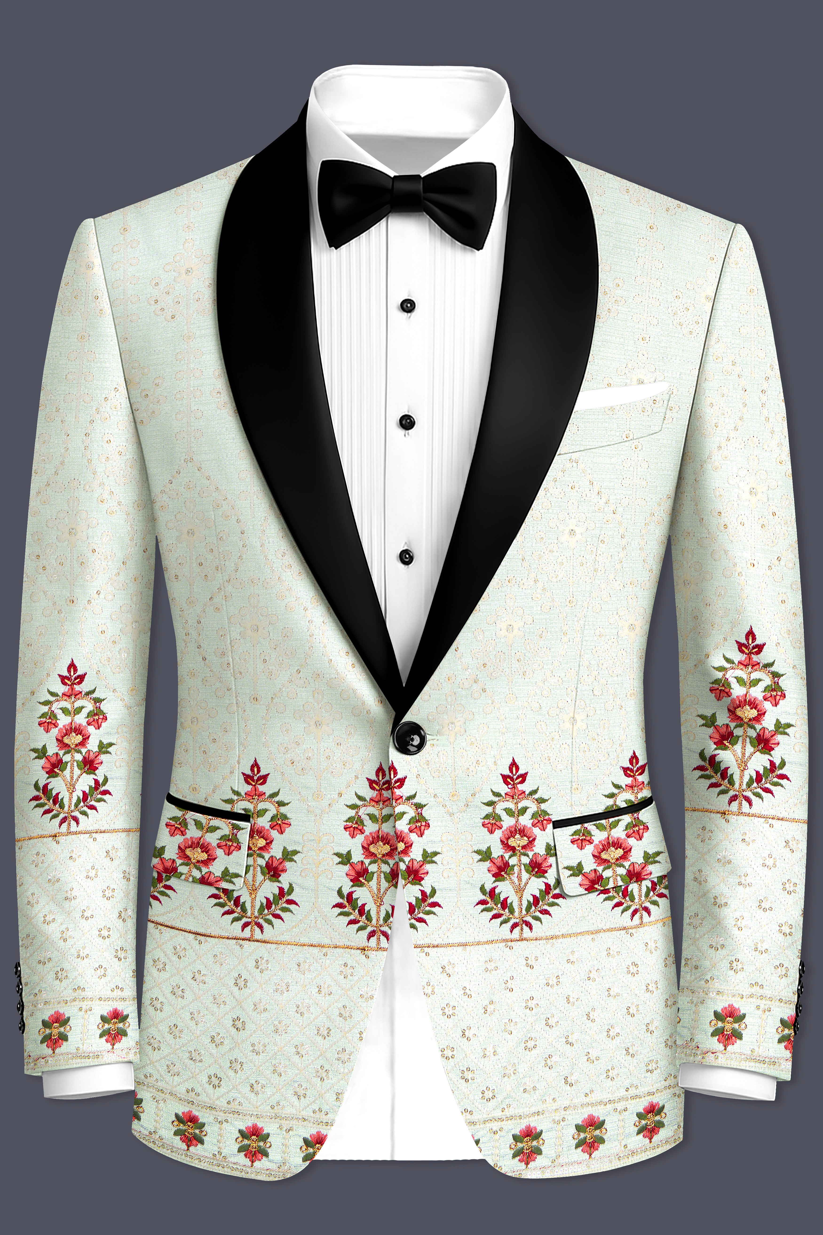Finvera-Merino Cream with Finch Green Thread and Sequin Embroidered Designer Suit