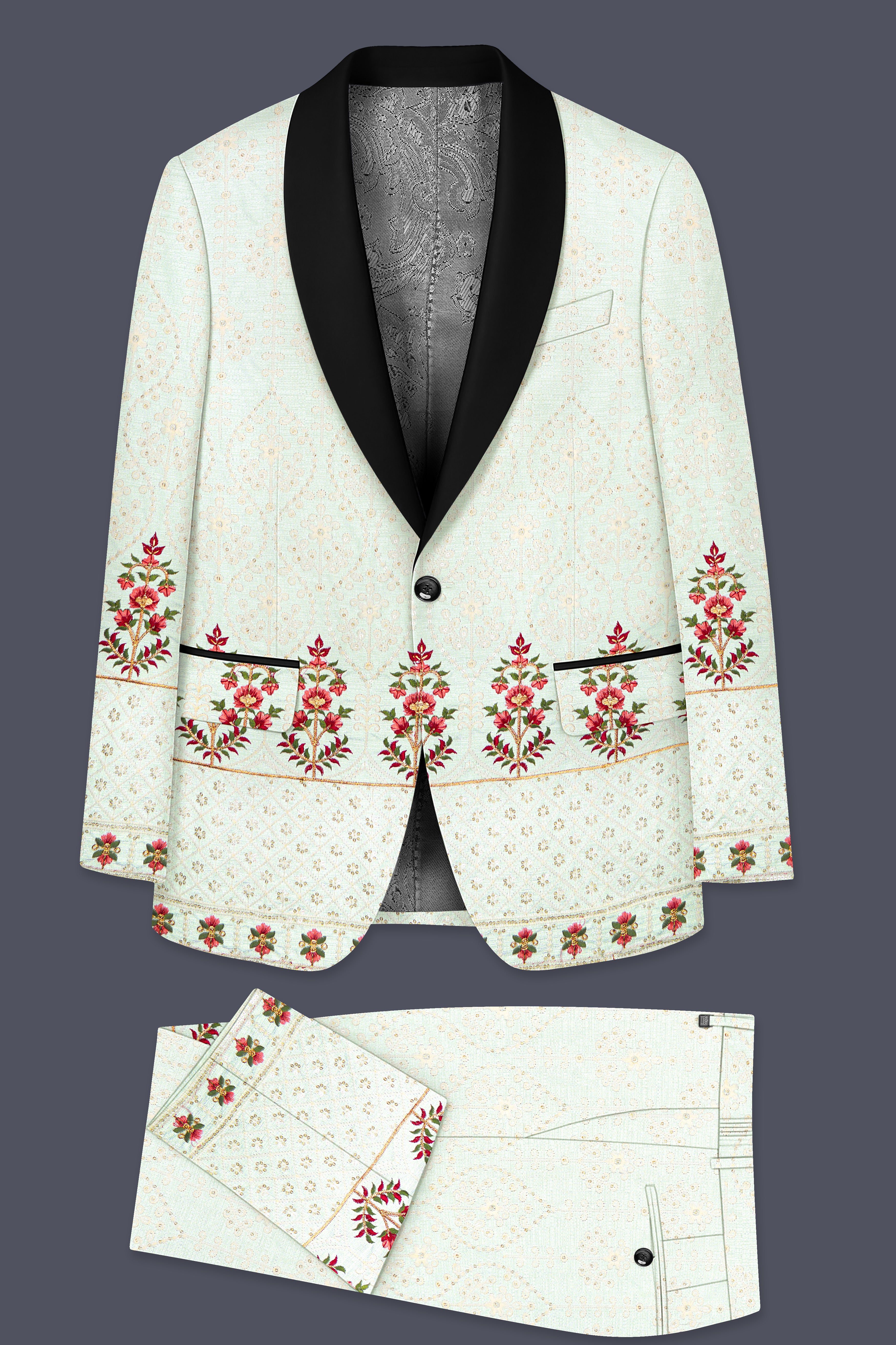 Finvera-Merino Cream with Finch Green Thread and Sequin Embroidered Designer Suit
