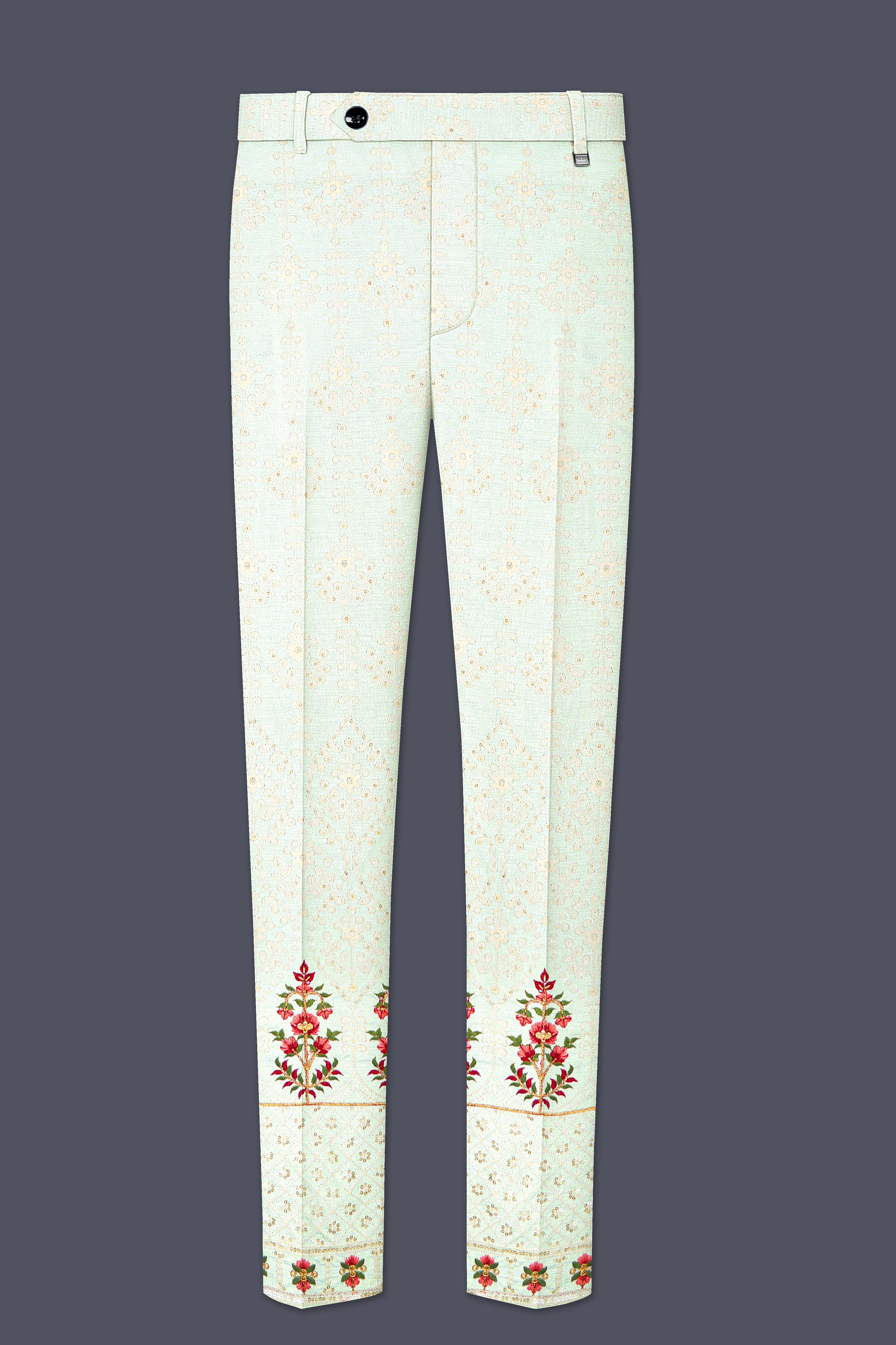 Finvera-Merino Cream with Finch Green Thread and Sequin Embroidered Designer Suit