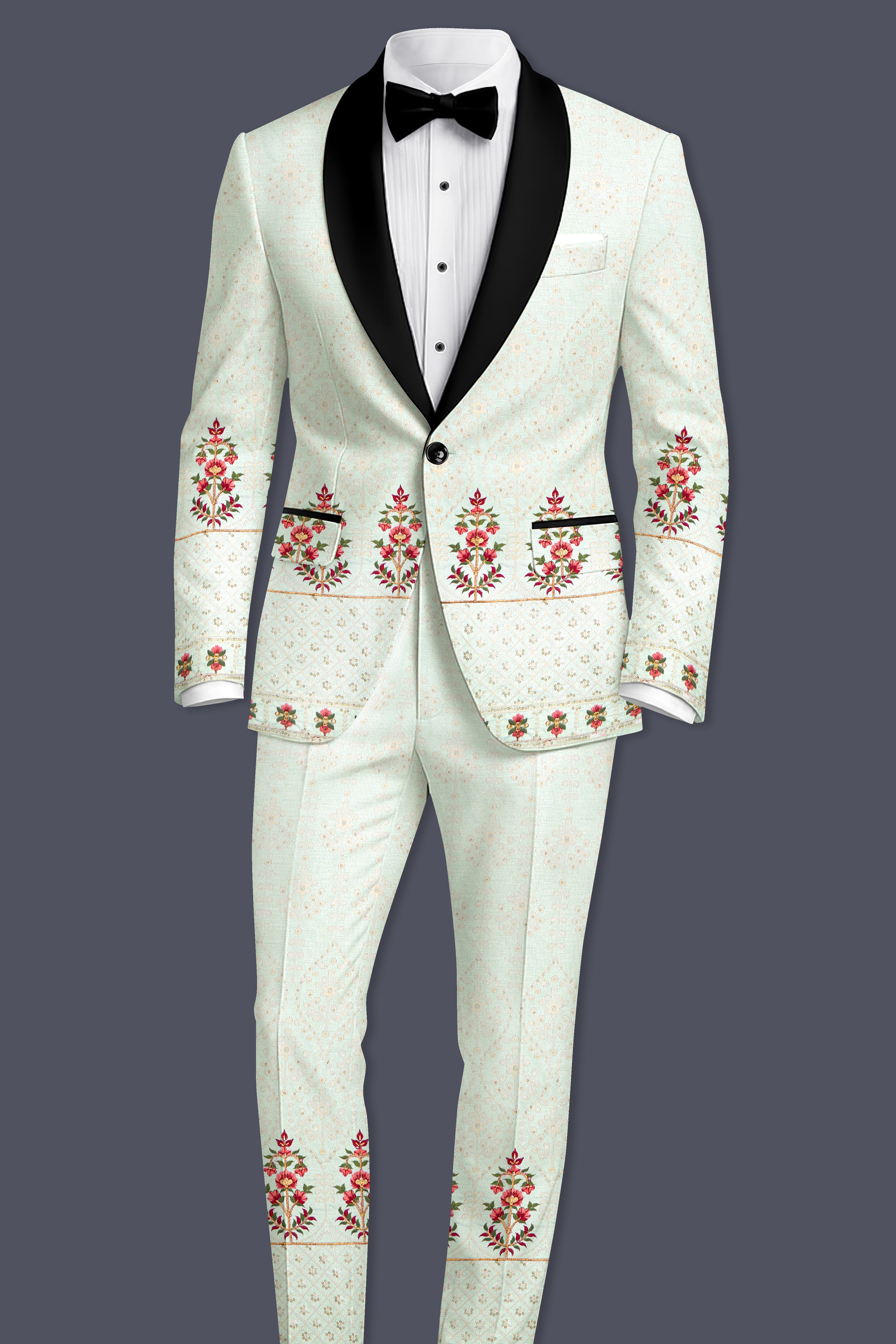 Finvera-Merino Cream with Finch Green Thread and Sequin Embroidered Designer Suit