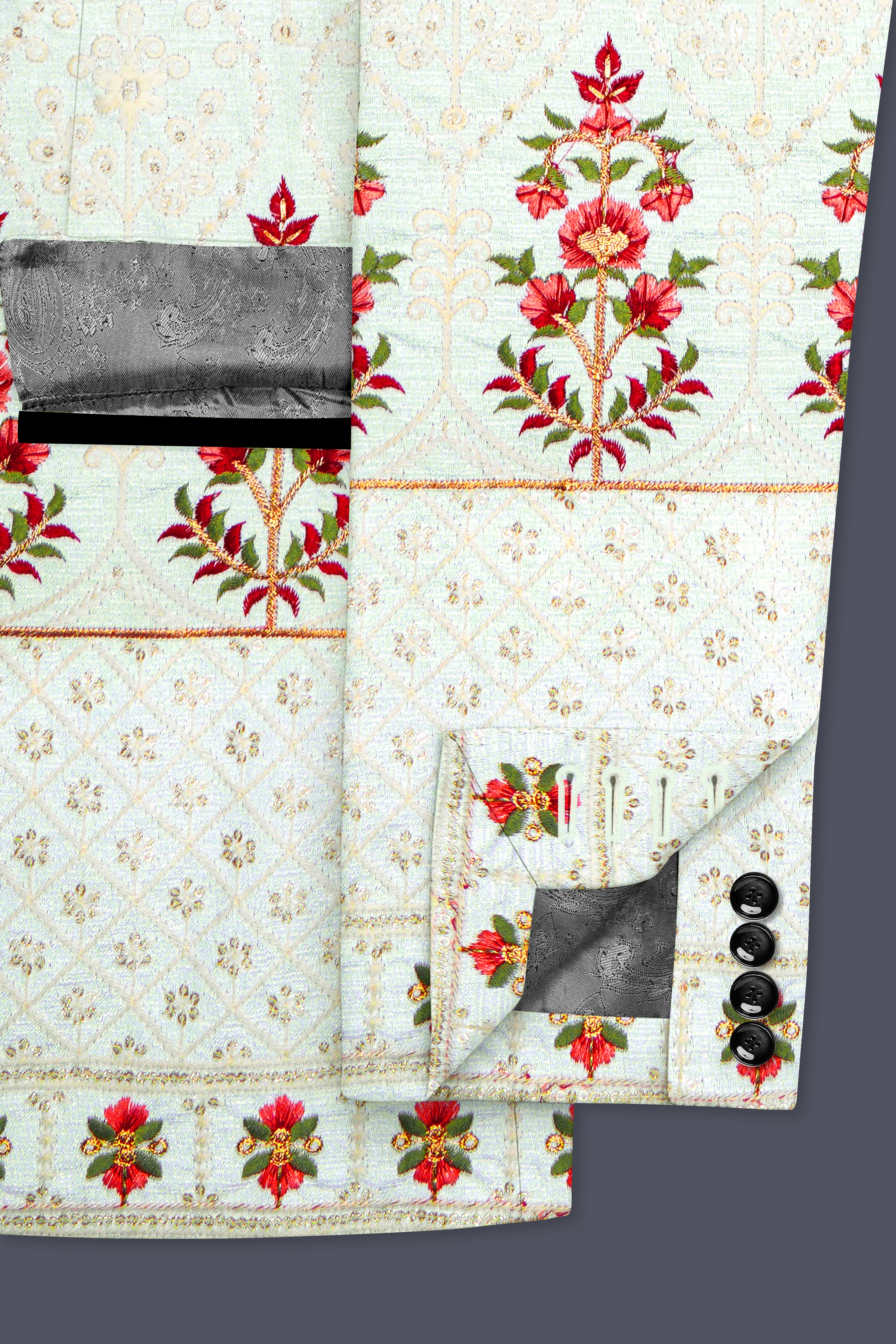 Finvera-Merino Cream with Finch Green Thread and Sequin Embroidered Designer Suit