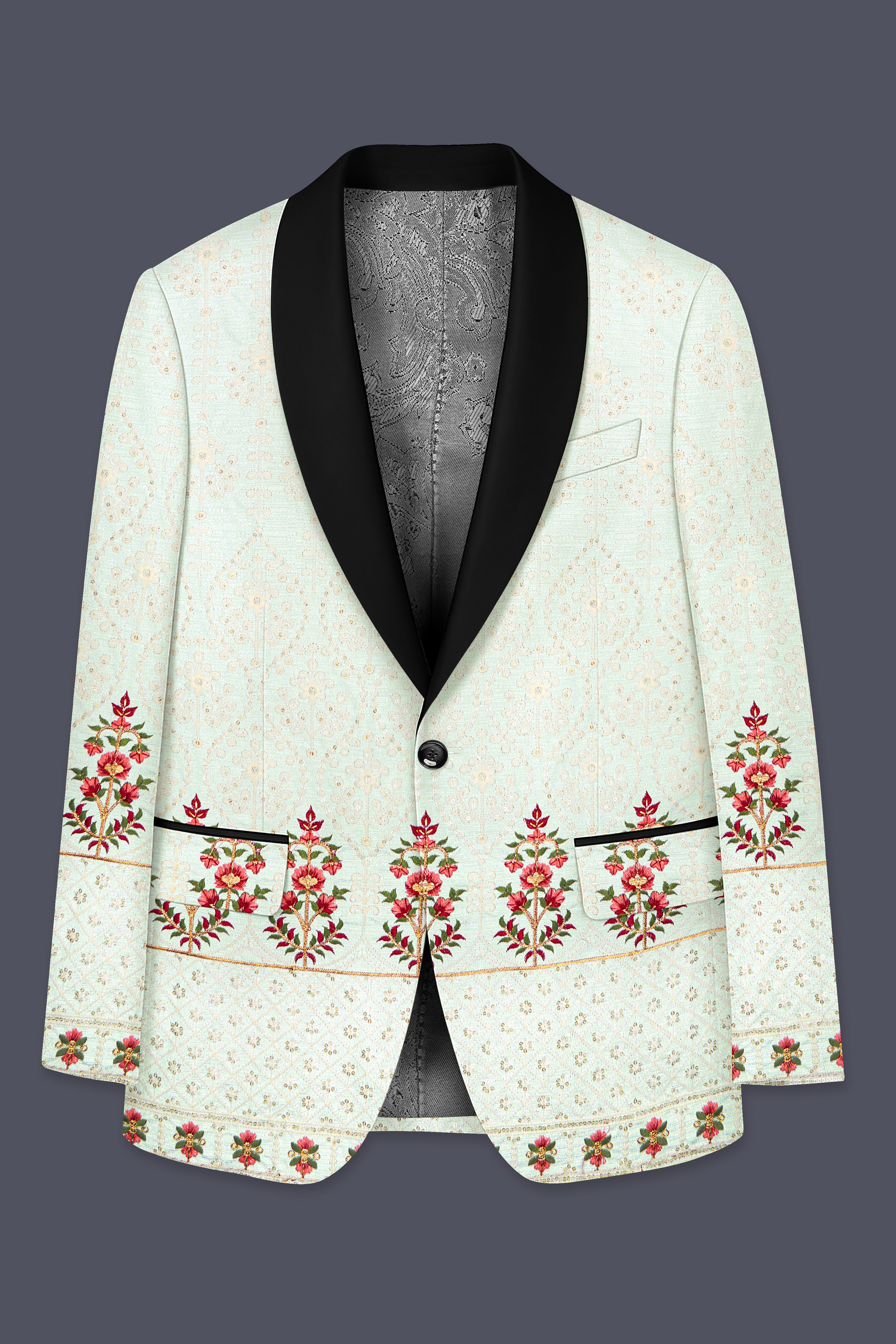 Finvera-Merino Cream with Finch Green Thread and Sequin Embroidered Designer Suit