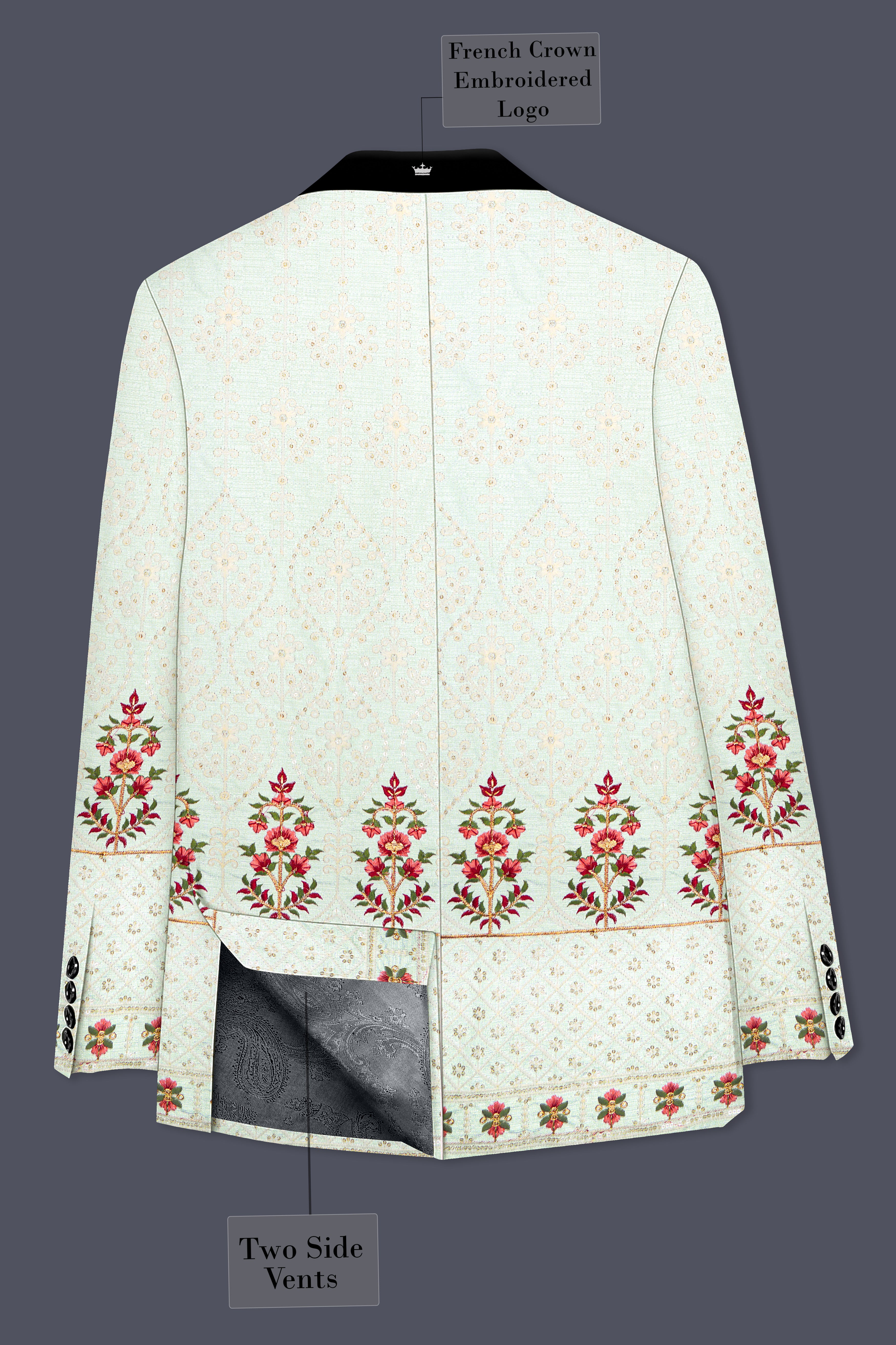 Finvera-Merino Cream with Finch Green Thread and Sequin Embroidered Designer Suit