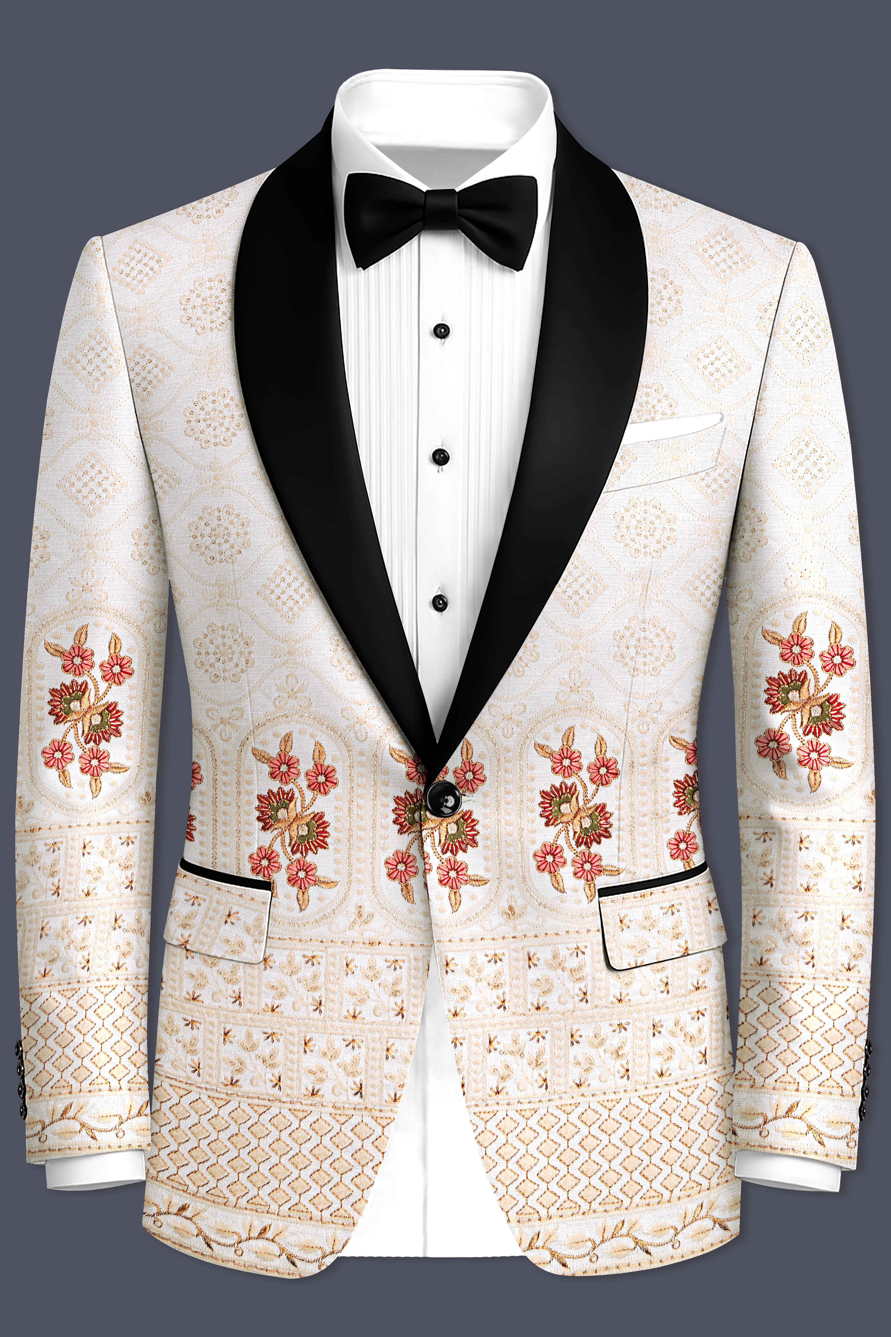 Aurevia-Spanish Cream and Flamingo Peach Thread and Sequin Embroidered Designer Tuxedo Suit