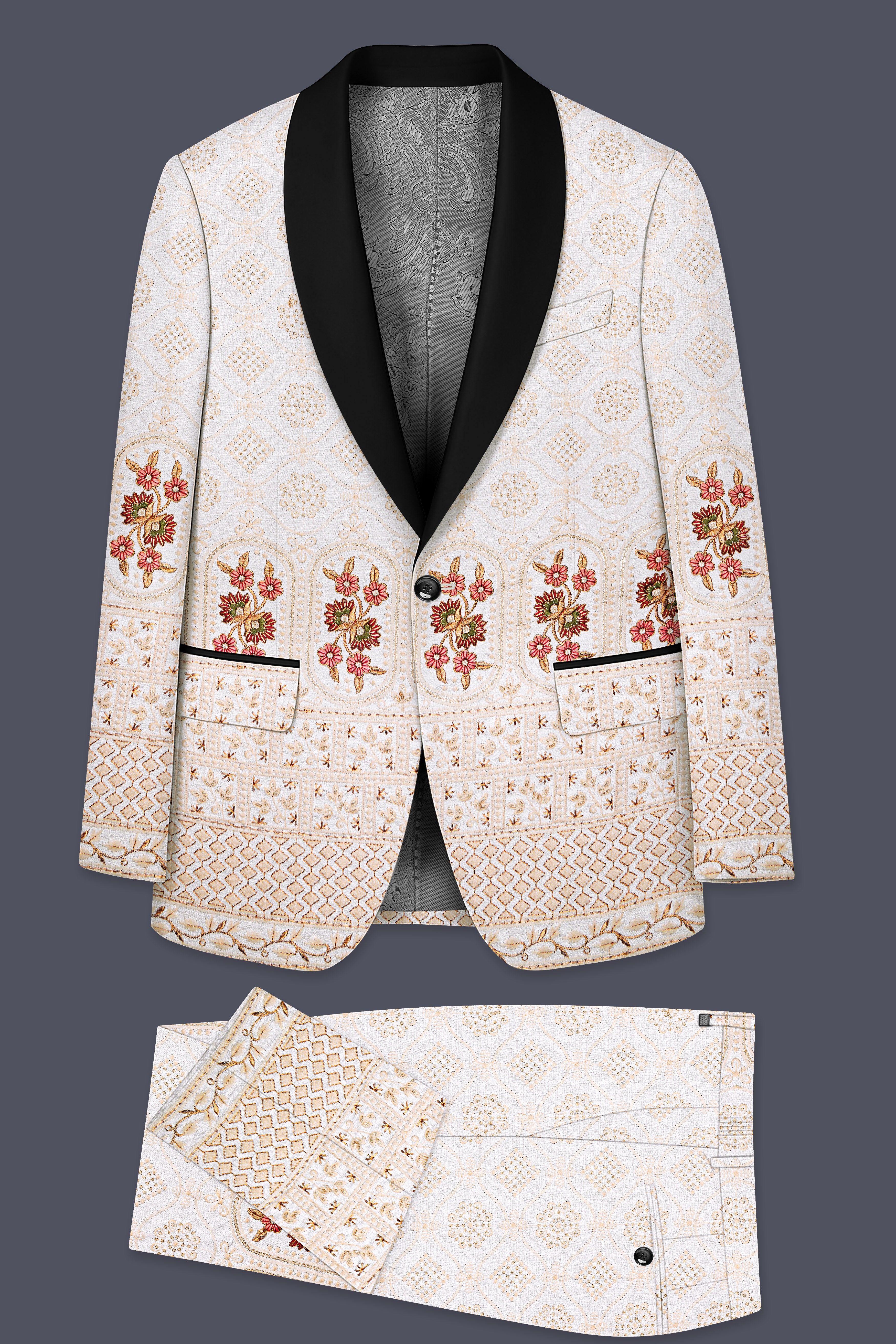 Aurevia-Spanish Cream and Flamingo Peach Thread and Sequin Embroidered Designer Tuxedo Suit