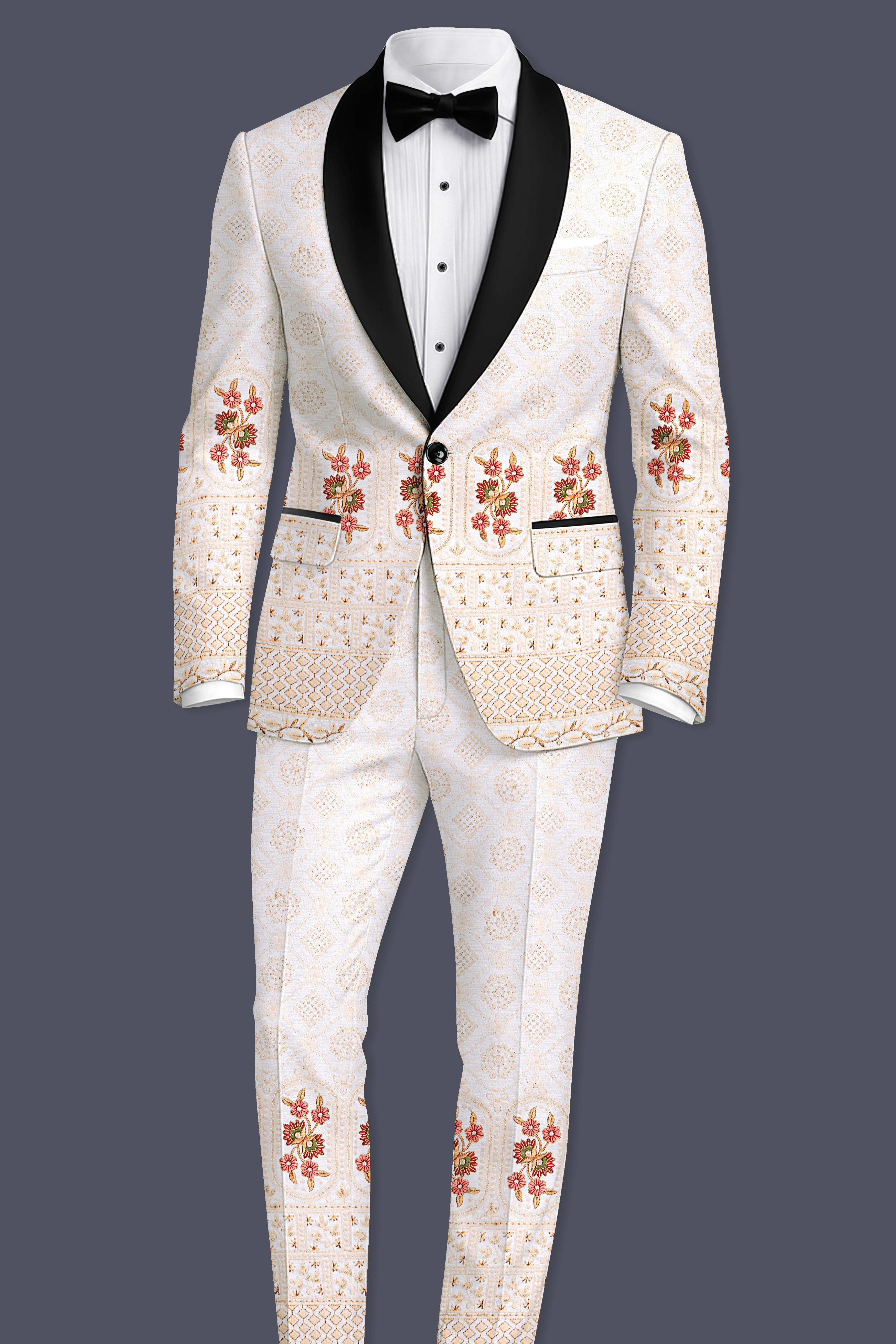 Aurevia-Spanish Cream and Flamingo Peach Thread and Sequin Embroidered Designer Tuxedo Suit