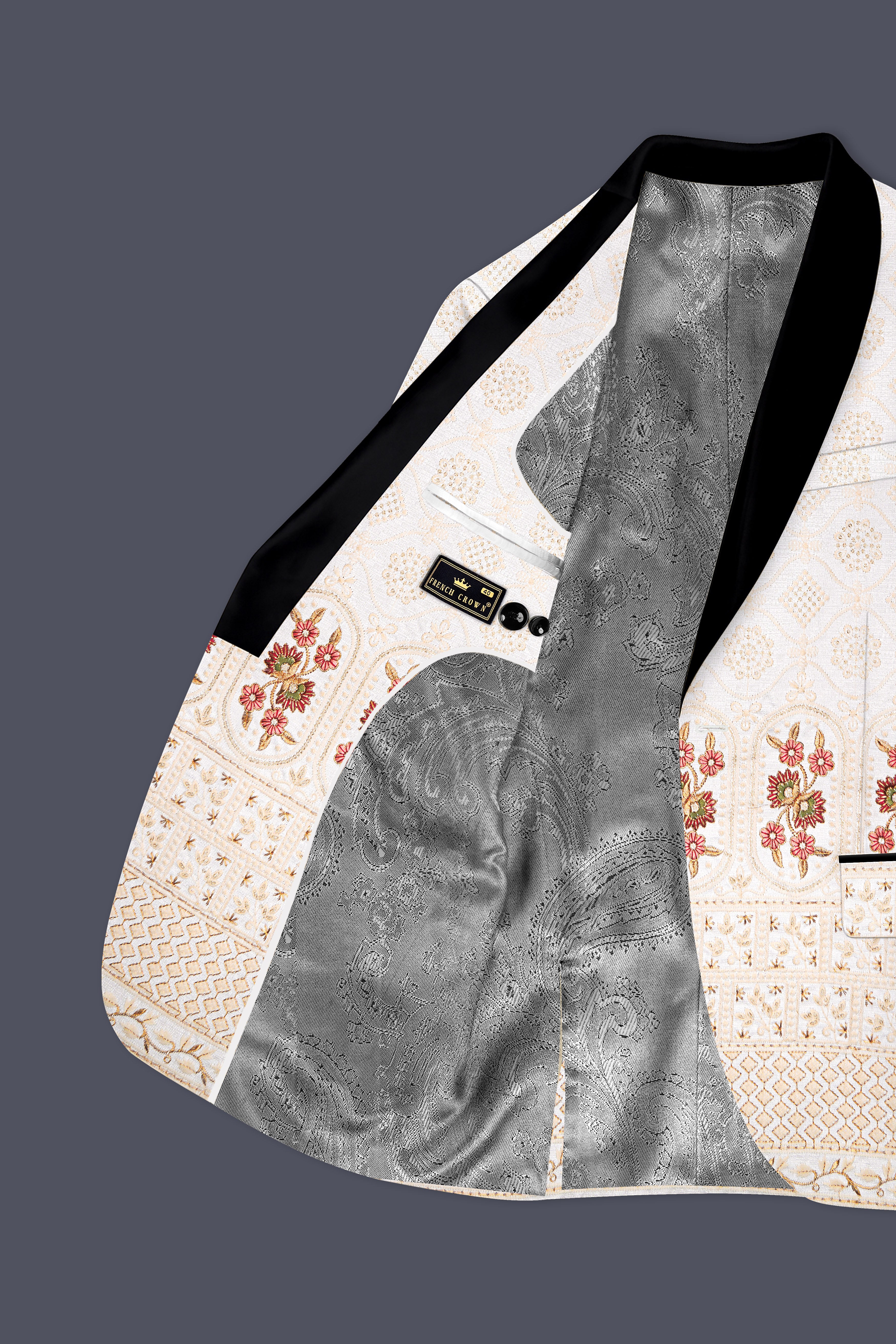 Aurevia-Spanish Cream and Flamingo Peach Thread and Sequin Embroidered Designer Tuxedo Suit