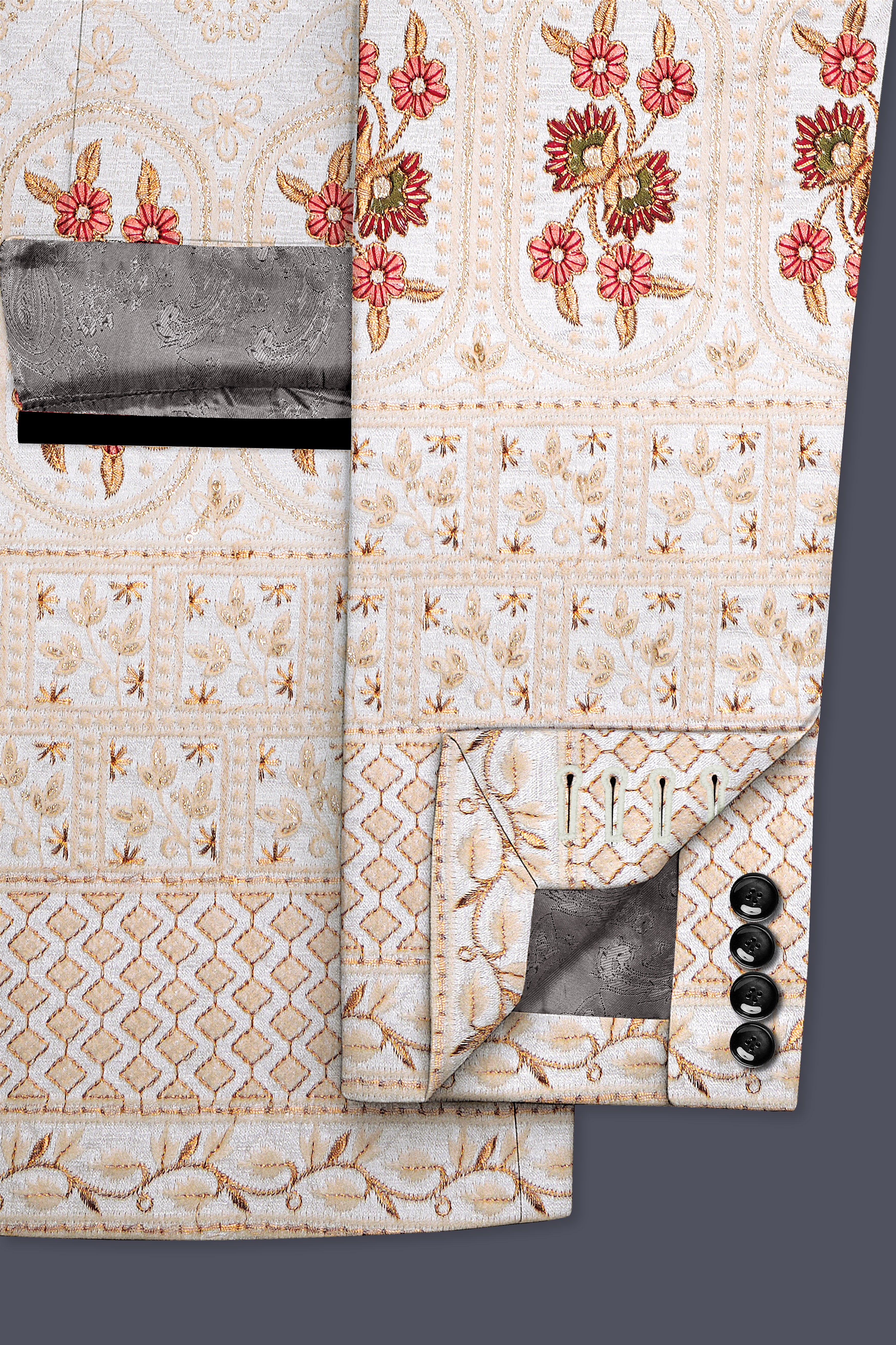 Aurevia-Spanish Cream and Flamingo Peach Thread and Sequin Embroidered Designer Tuxedo Suit