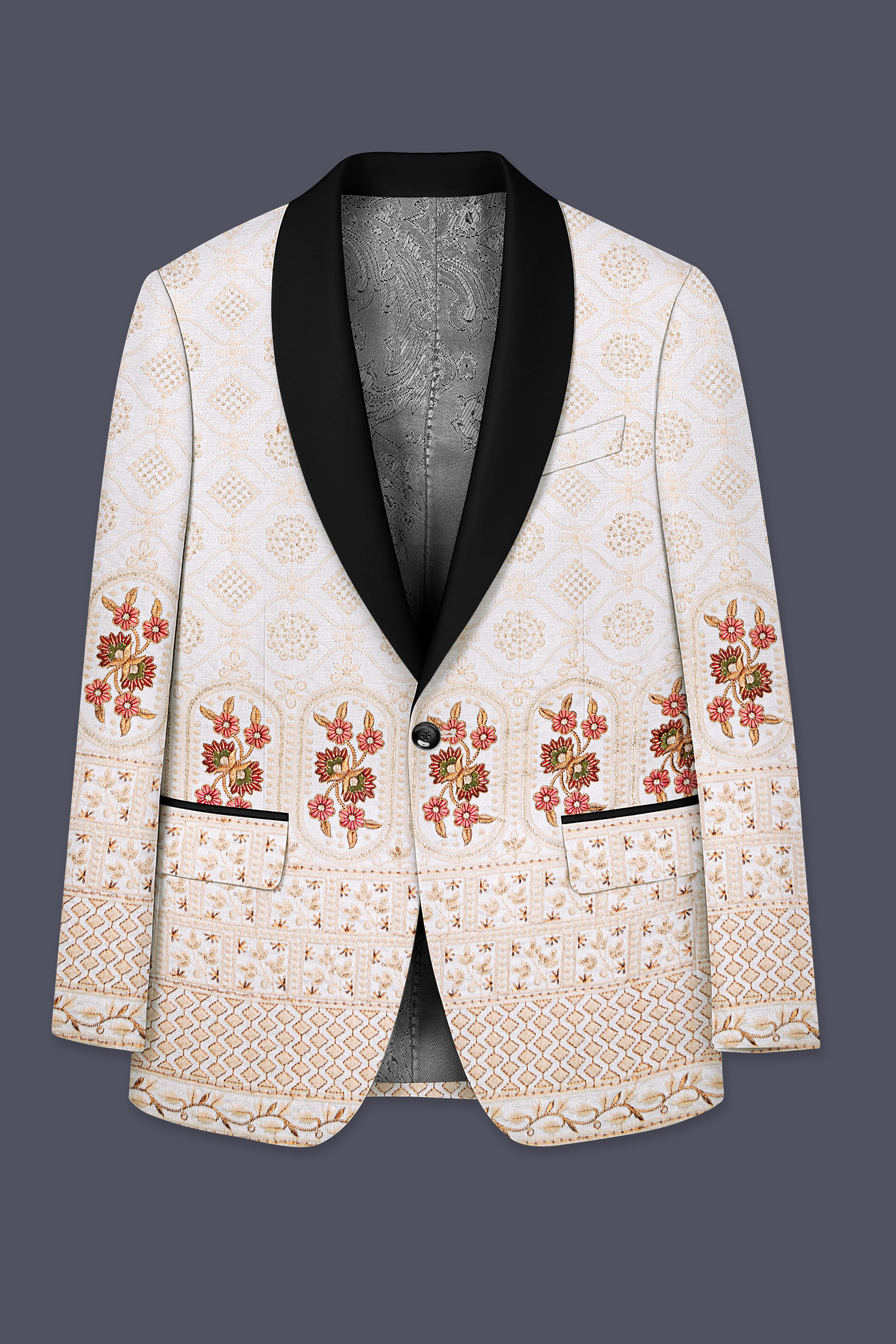 Aurevia-Spanish Cream and Flamingo Peach Thread and Sequin Embroidered Designer Tuxedo Suit