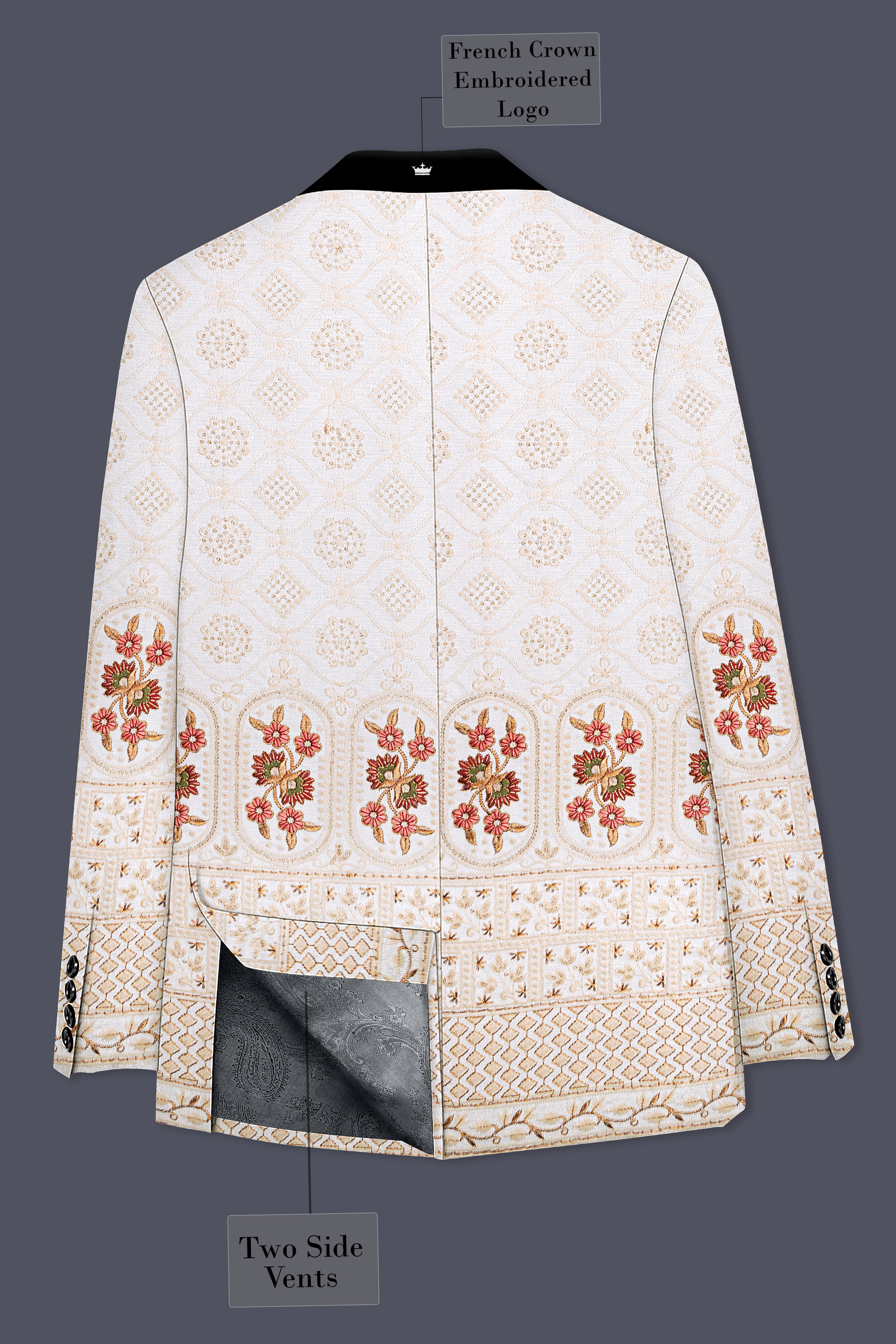 Aurevia-Spanish Cream and Flamingo Peach Thread and Sequin Embroidered Designer Tuxedo Suit