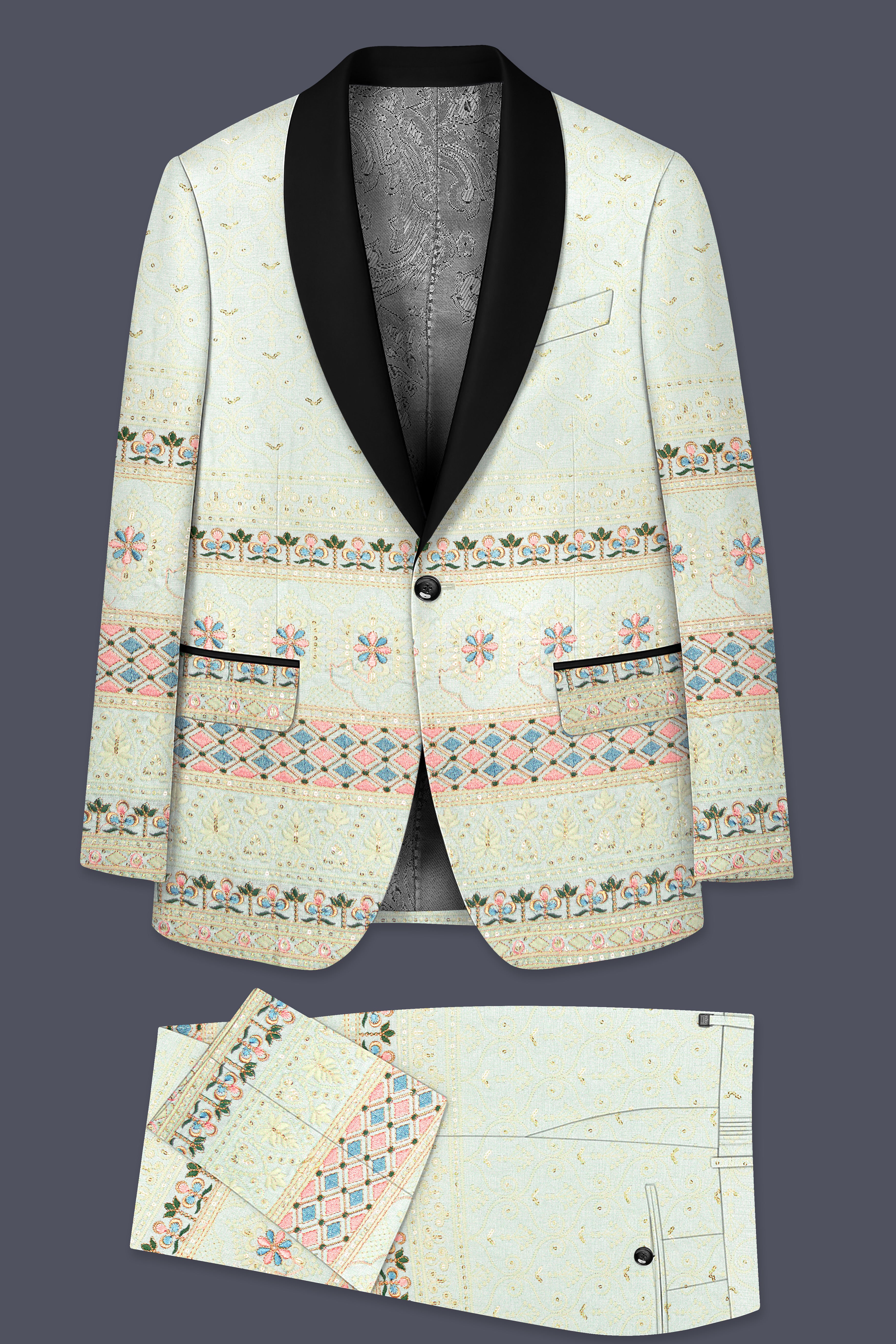 Auressa-merino Cream And Finch Green Multicolour Thread and Sequin Embroidered Designer Suit