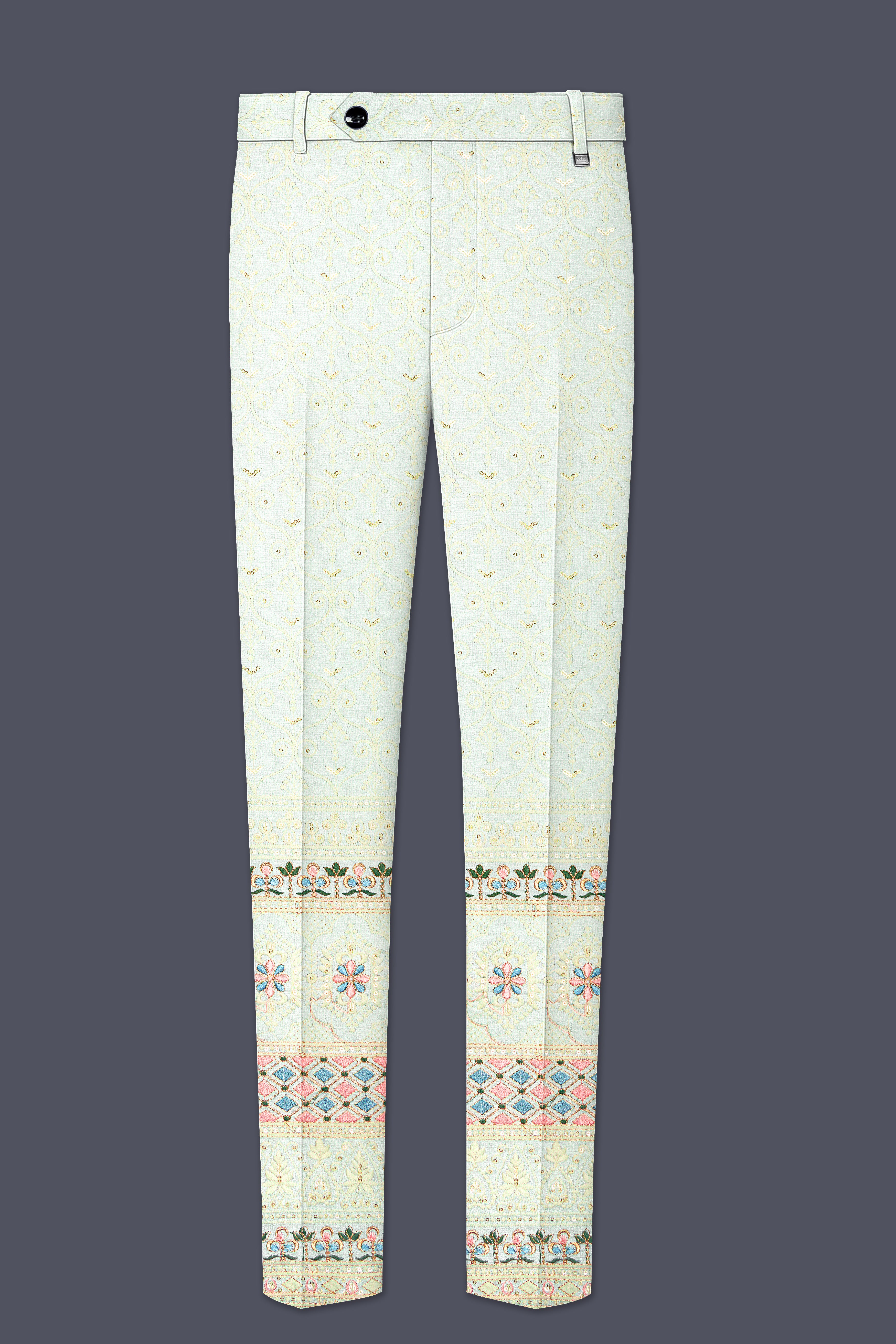 Auressa-merino Cream And Finch Green Multicolour Thread and Sequin Embroidered Designer Suit