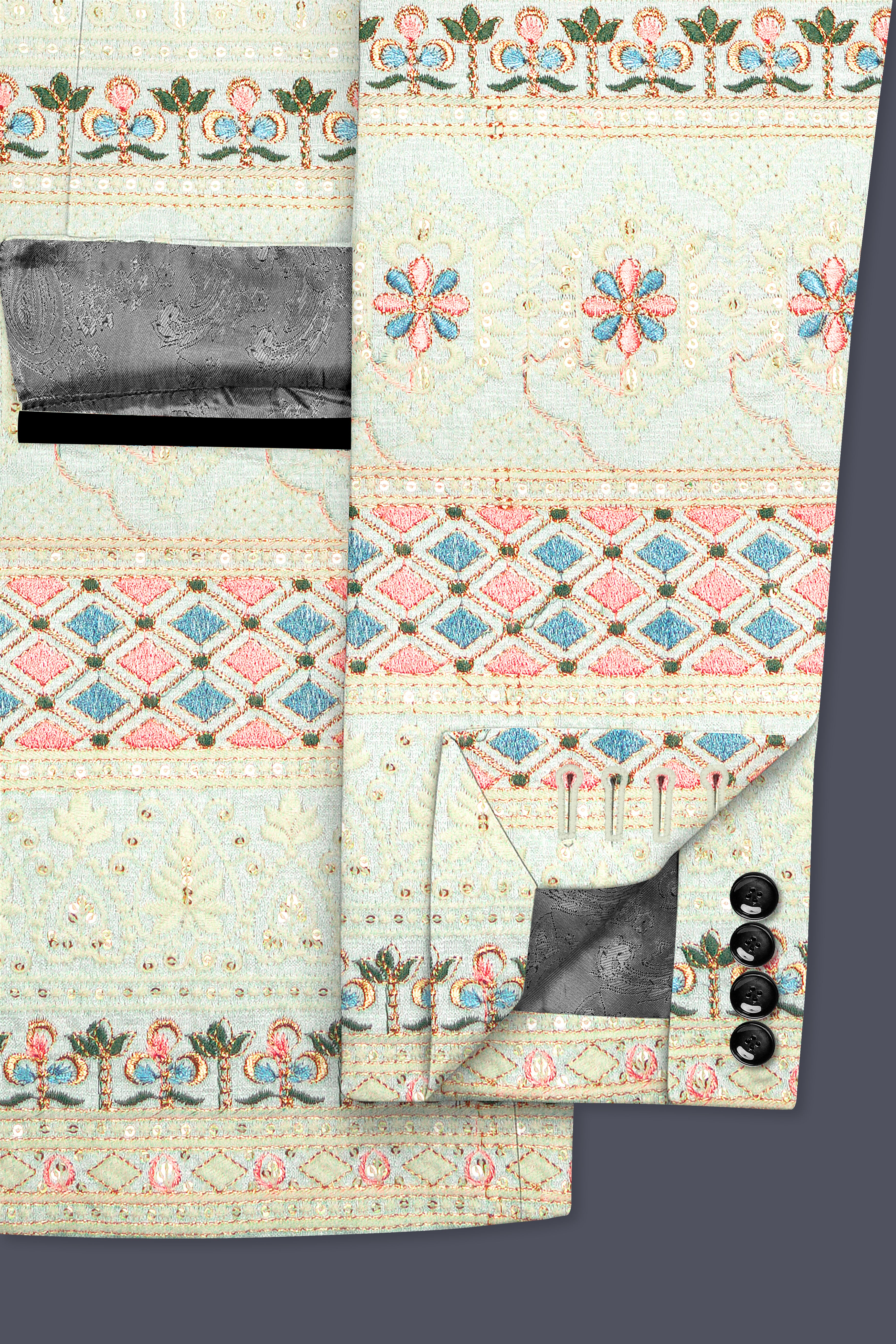 Auressa-merino Cream And Finch Green Multicolour Thread and Sequin Embroidered Designer Suit