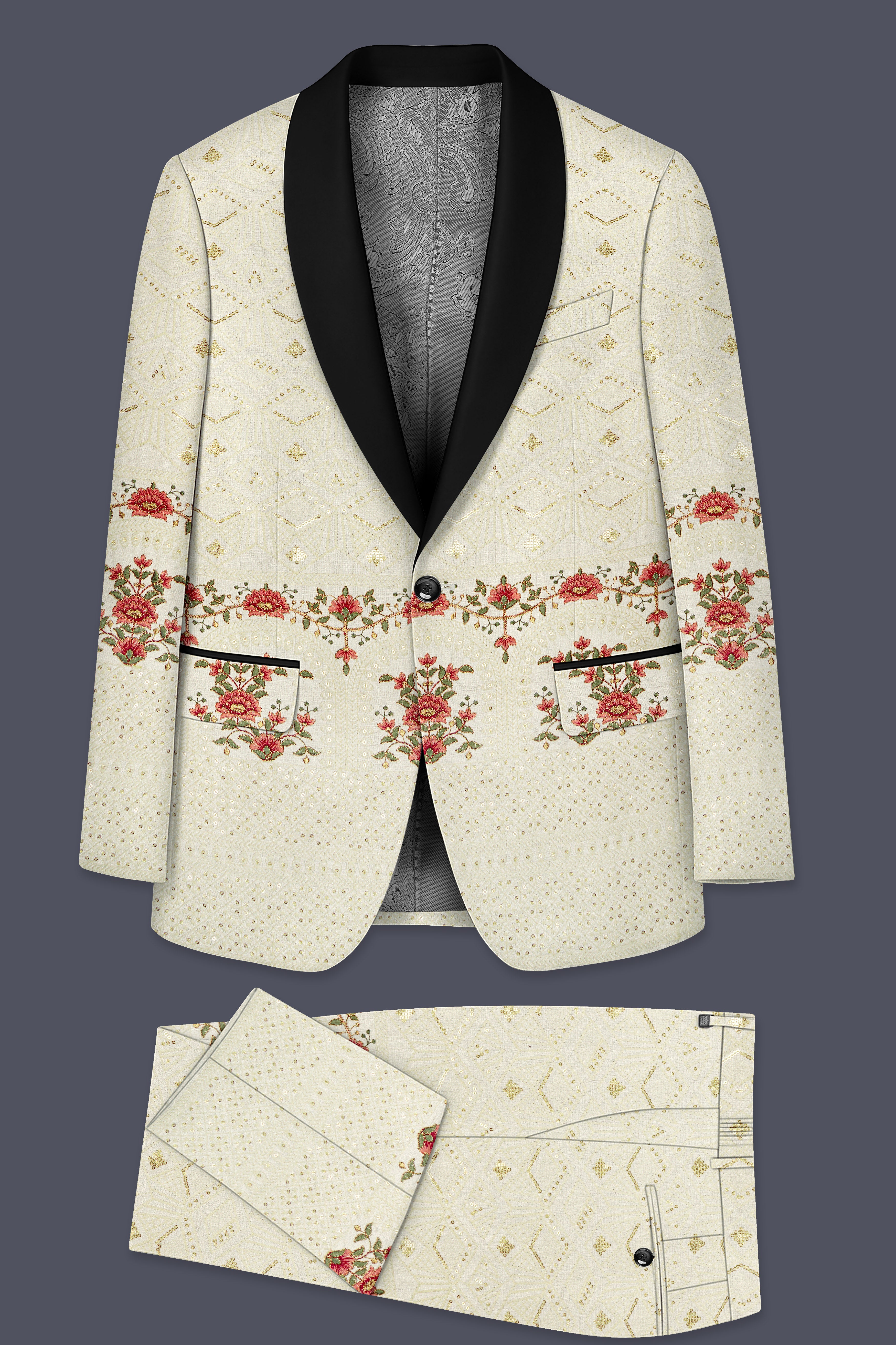 Ivrosa-Porcelain Cream and Apricot Peach Multicolour Thread and Sequin Embroidered Designer Suit