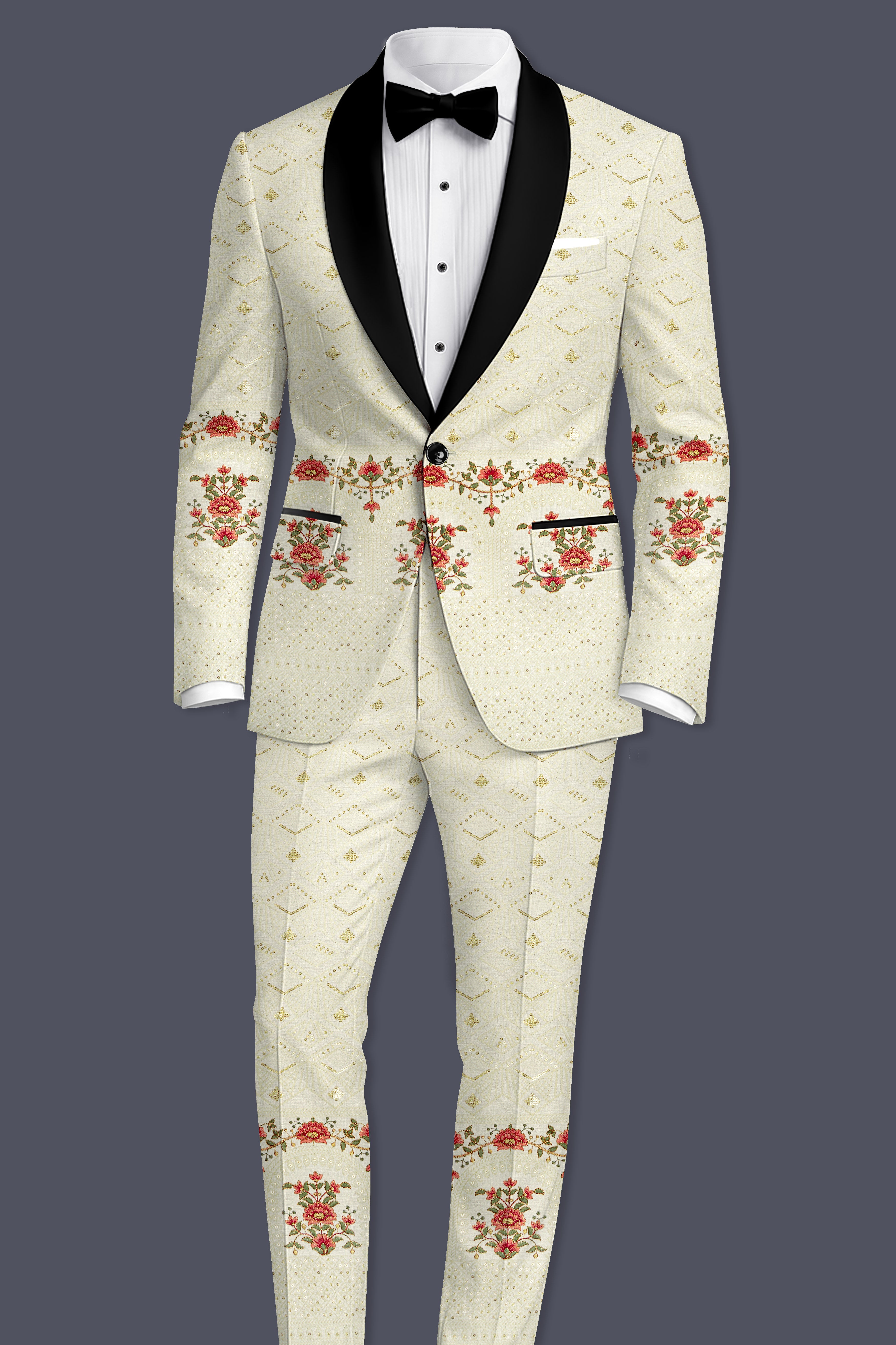 Ivrosa-Porcelain Cream and Apricot Peach Multicolour Thread and Sequin Embroidered Designer Suit