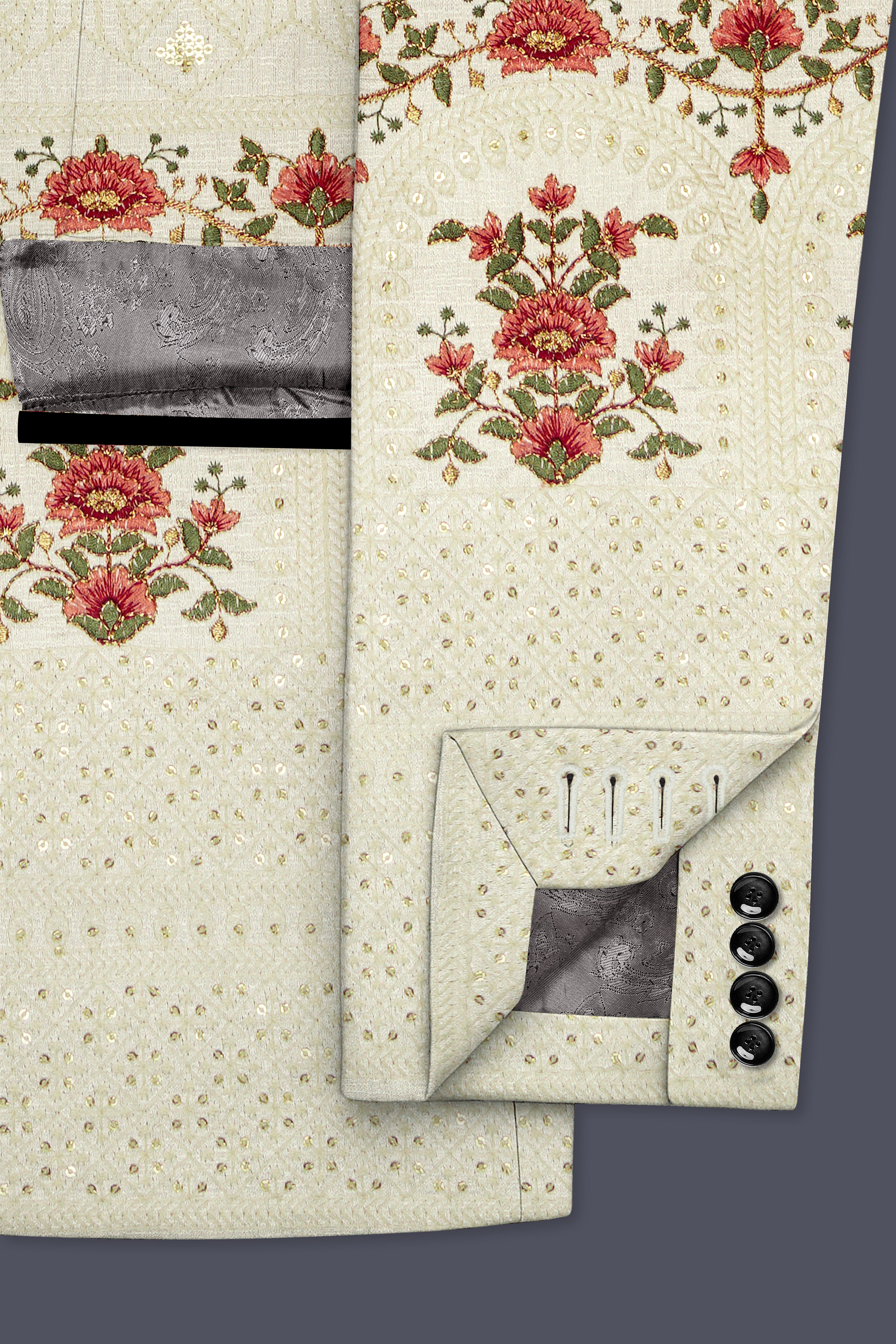 Ivrosa-Porcelain Cream and Apricot Peach Multicolour Thread and Sequin Embroidered Designer Suit