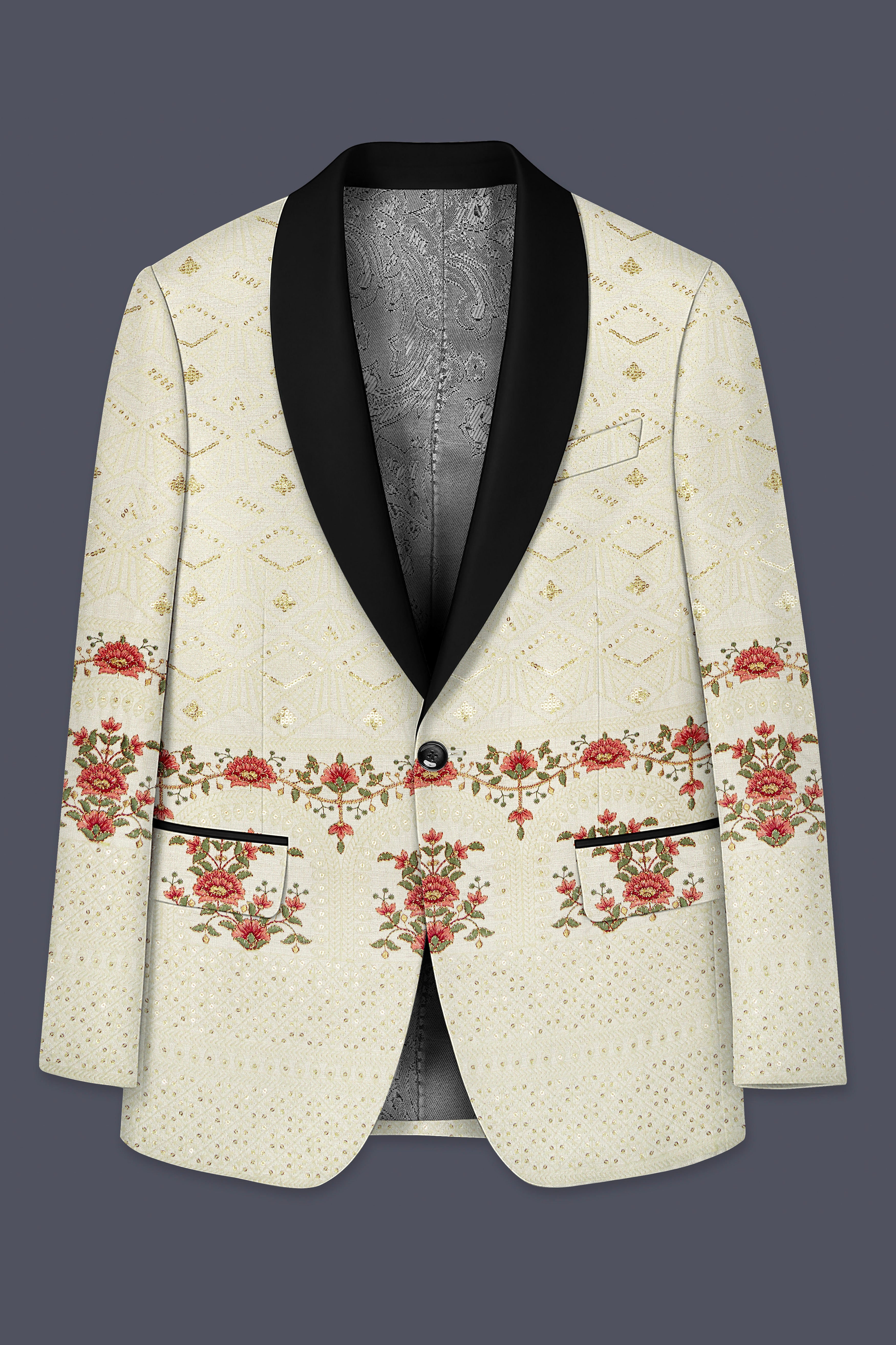 Ivrosa-Porcelain Cream and Apricot Peach Multicolour Thread and Sequin Embroidered Designer Suit