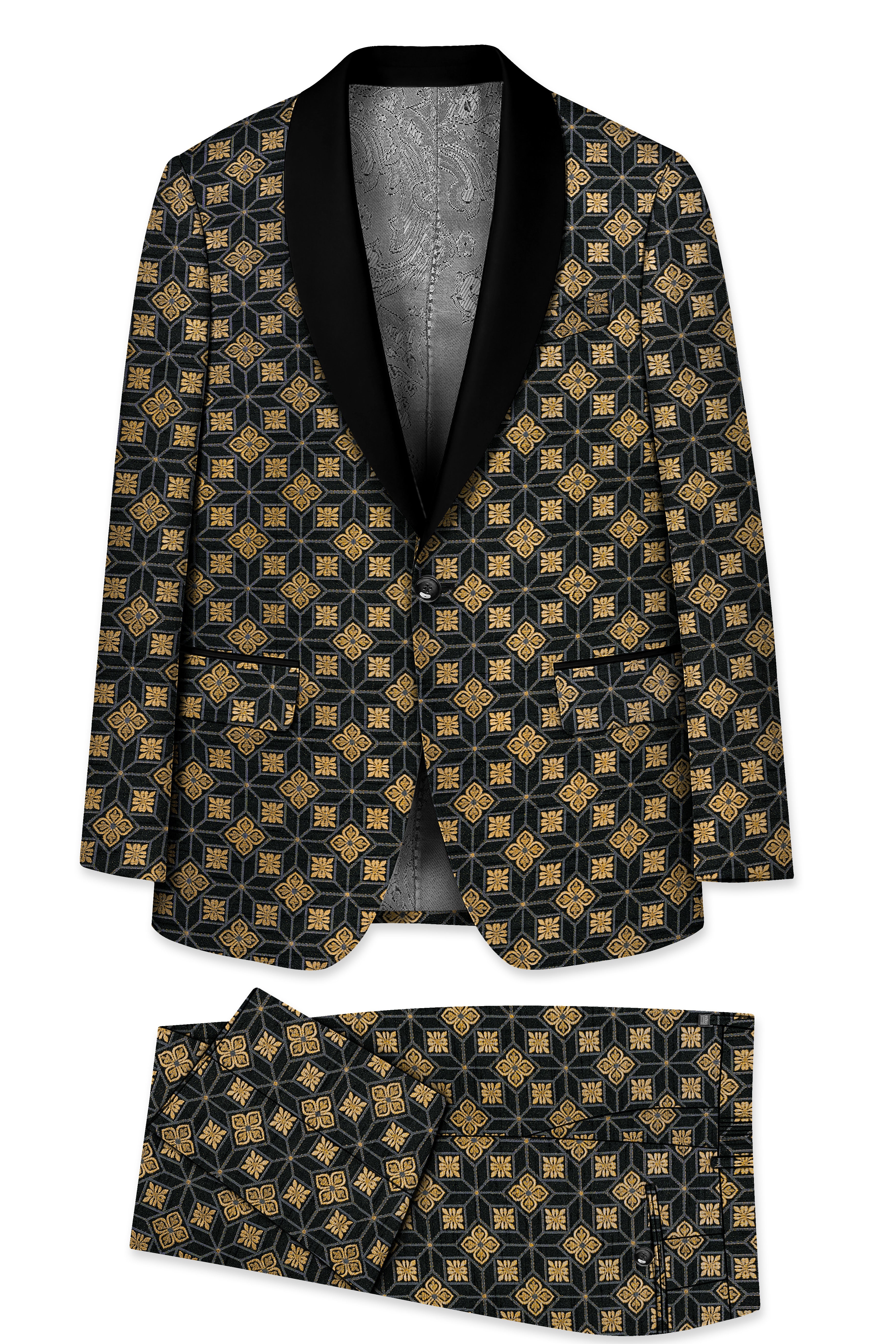 Geomaro-Cinder Black and Tan Brown Geometric Jacquard Textured Designer Suit