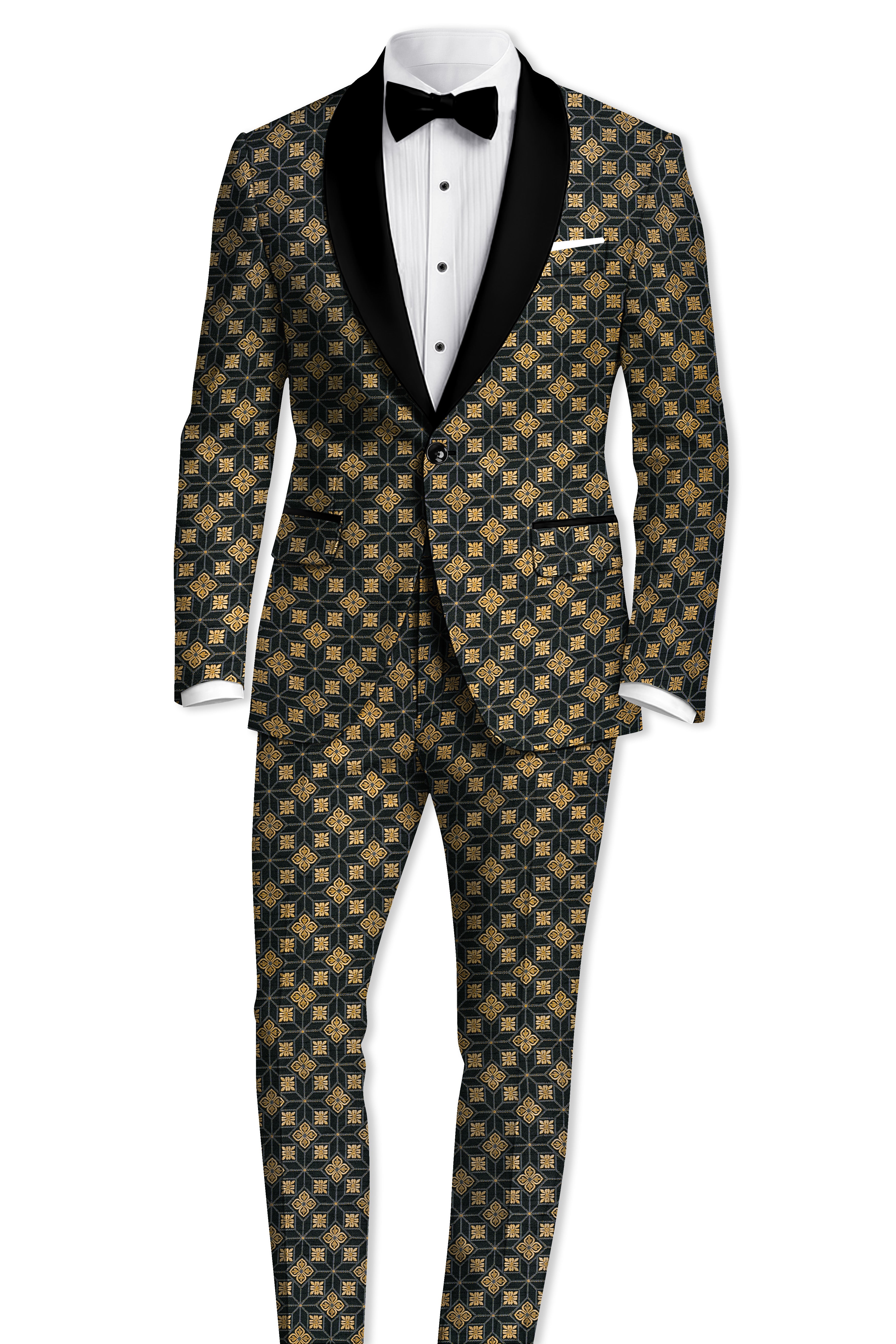 Geomaro-Cinder Black and Tan Brown Geometric Jacquard Textured Designer Suit