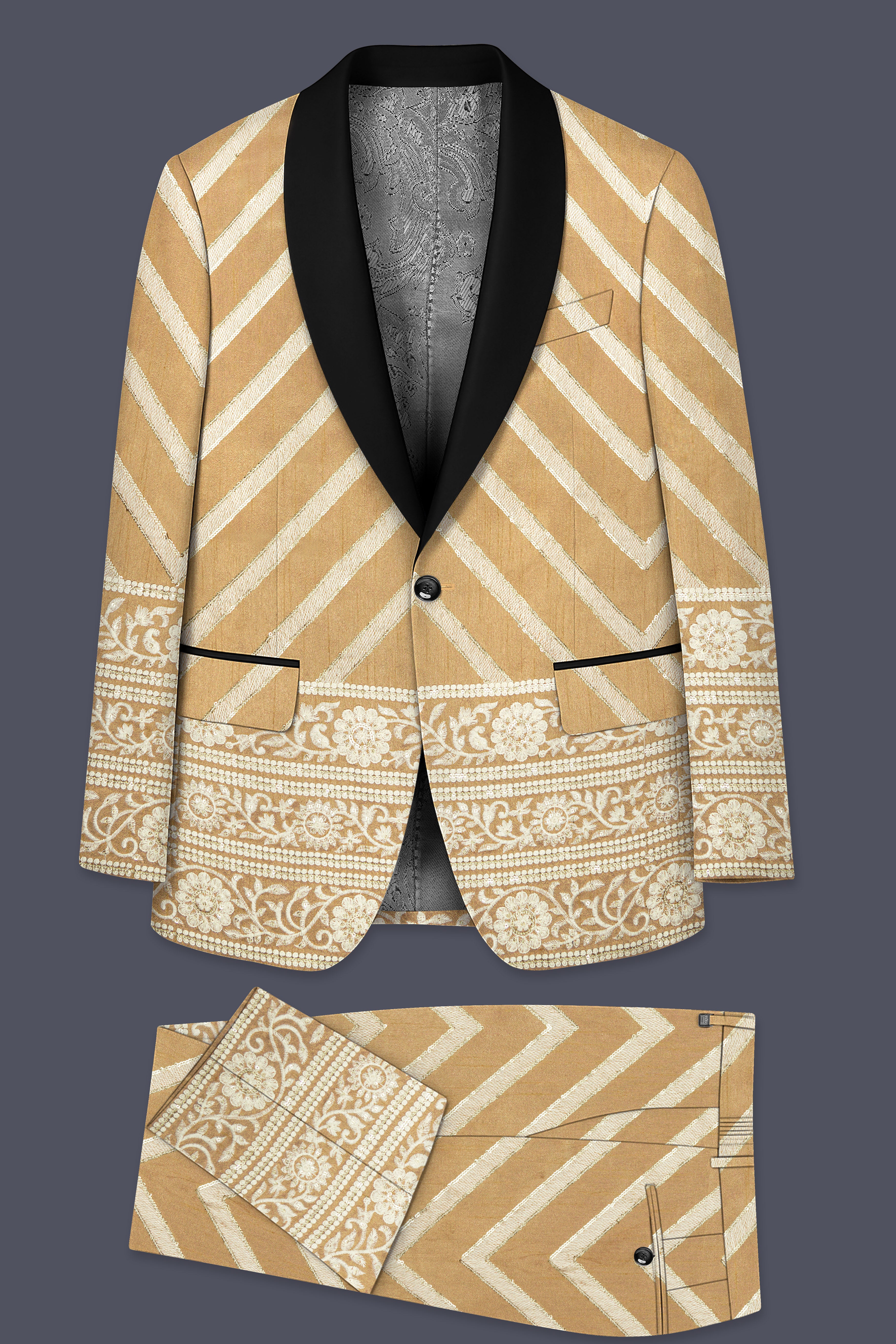 Zigvara-Antique Brown and Merino Cream Zig Zag Cotton Thread Embroidered Designer Suit