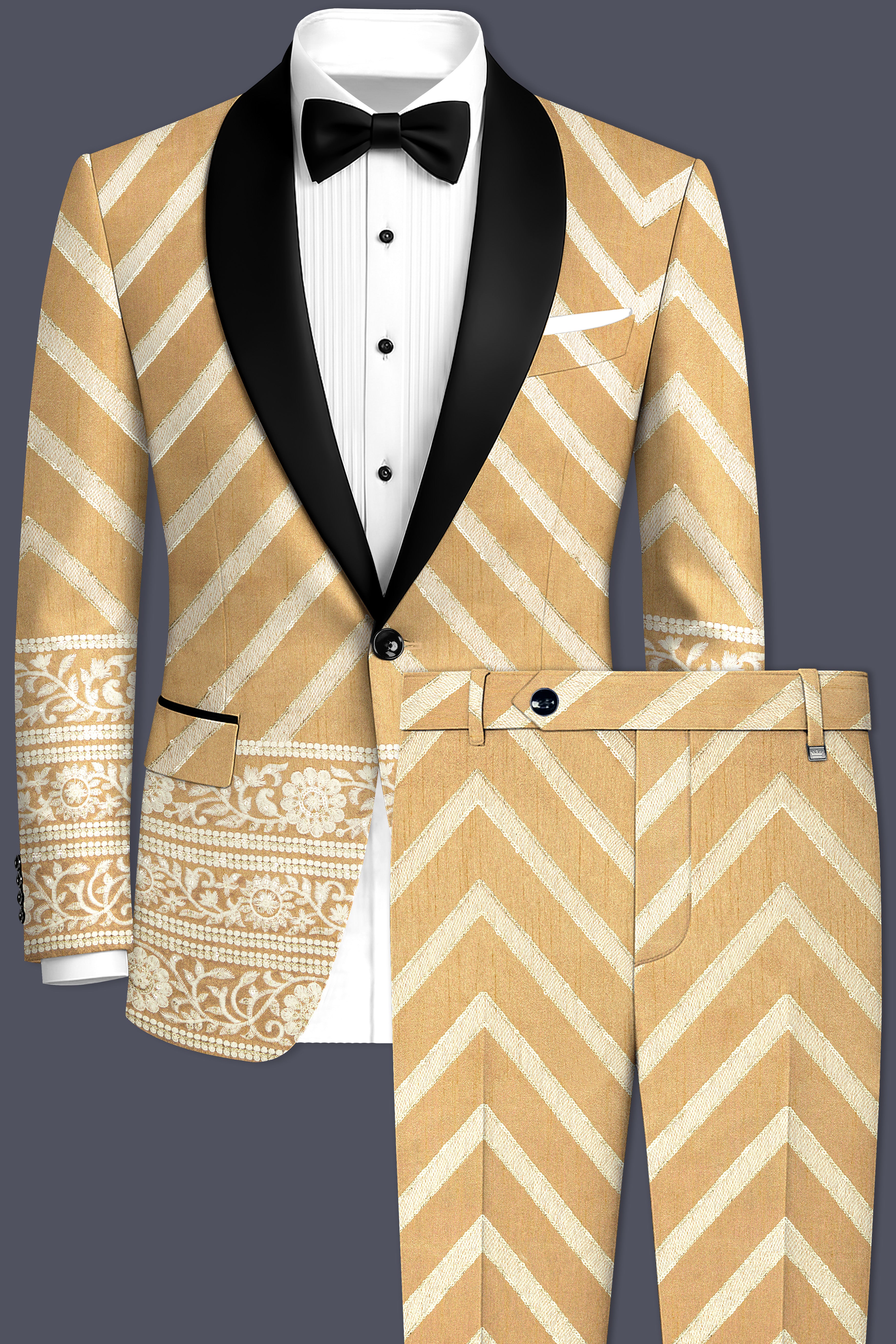 Zigvara-Antique Brown and Merino Cream Zig Zag Cotton Thread Embroidered Designer Suit