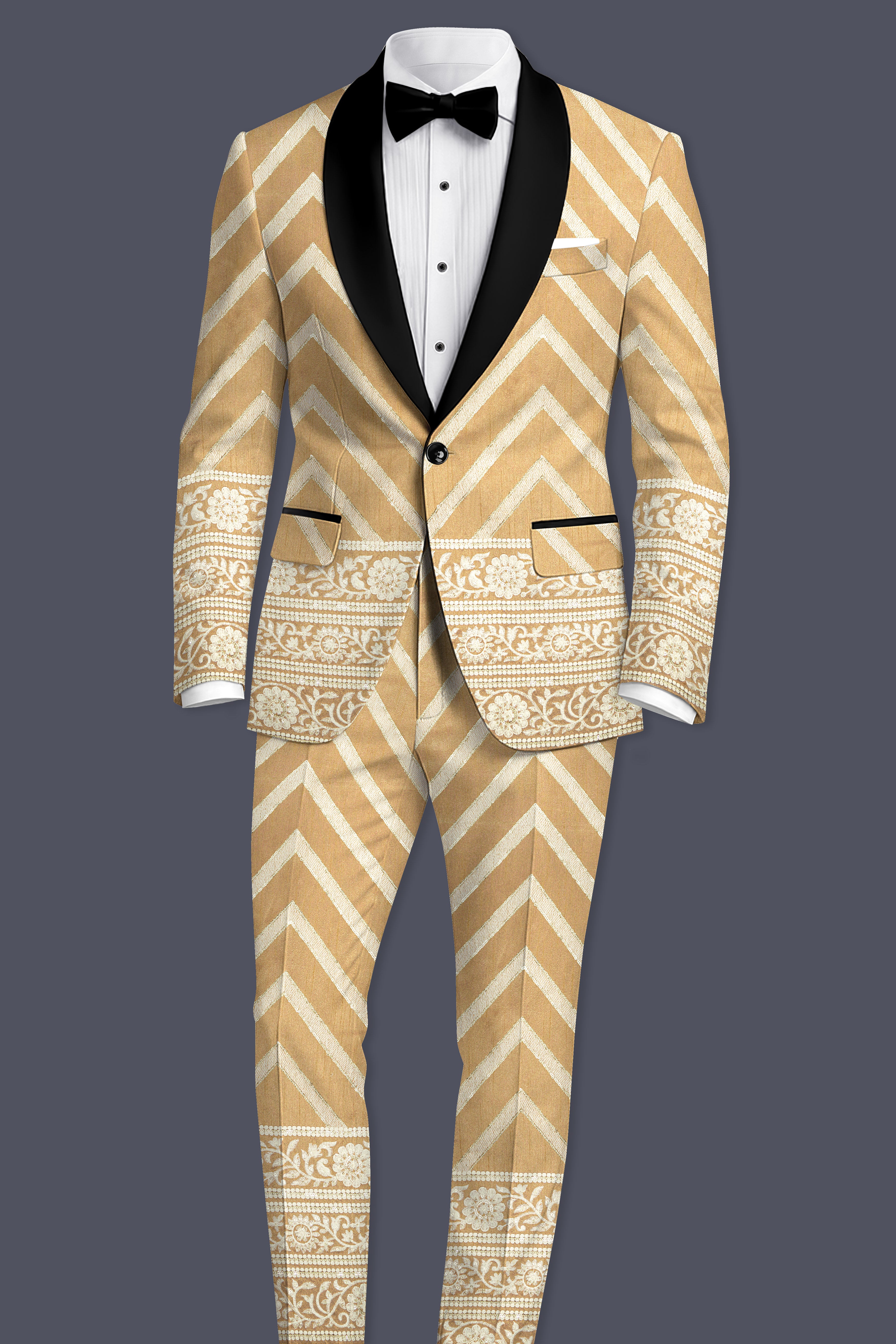 Zigvara-Antique Brown and Merino Cream Zig Zag Cotton Thread Embroidered Designer Suit