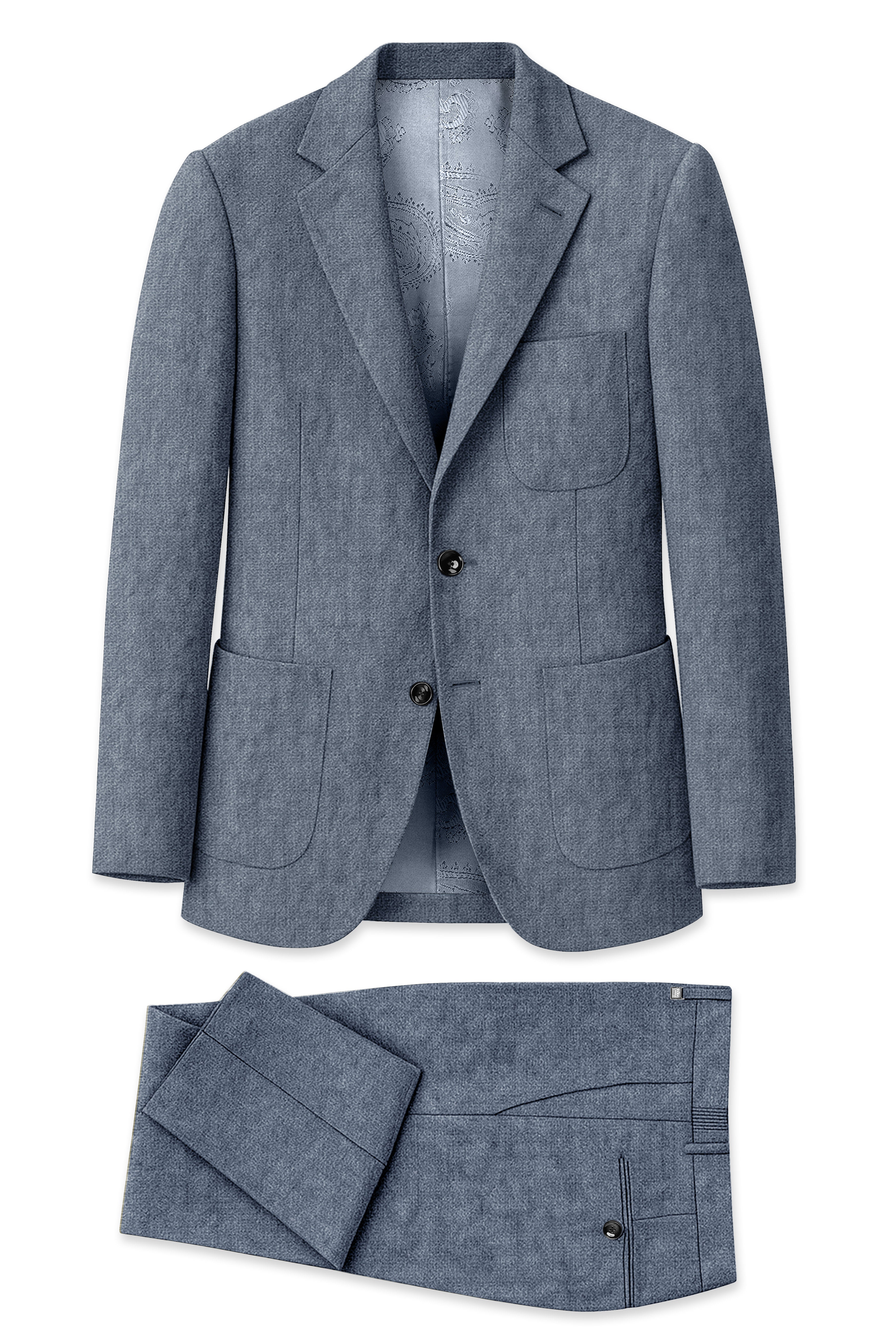 Azurven-Cadet Blue Luxurious Linen Single Breasted Sports Suit