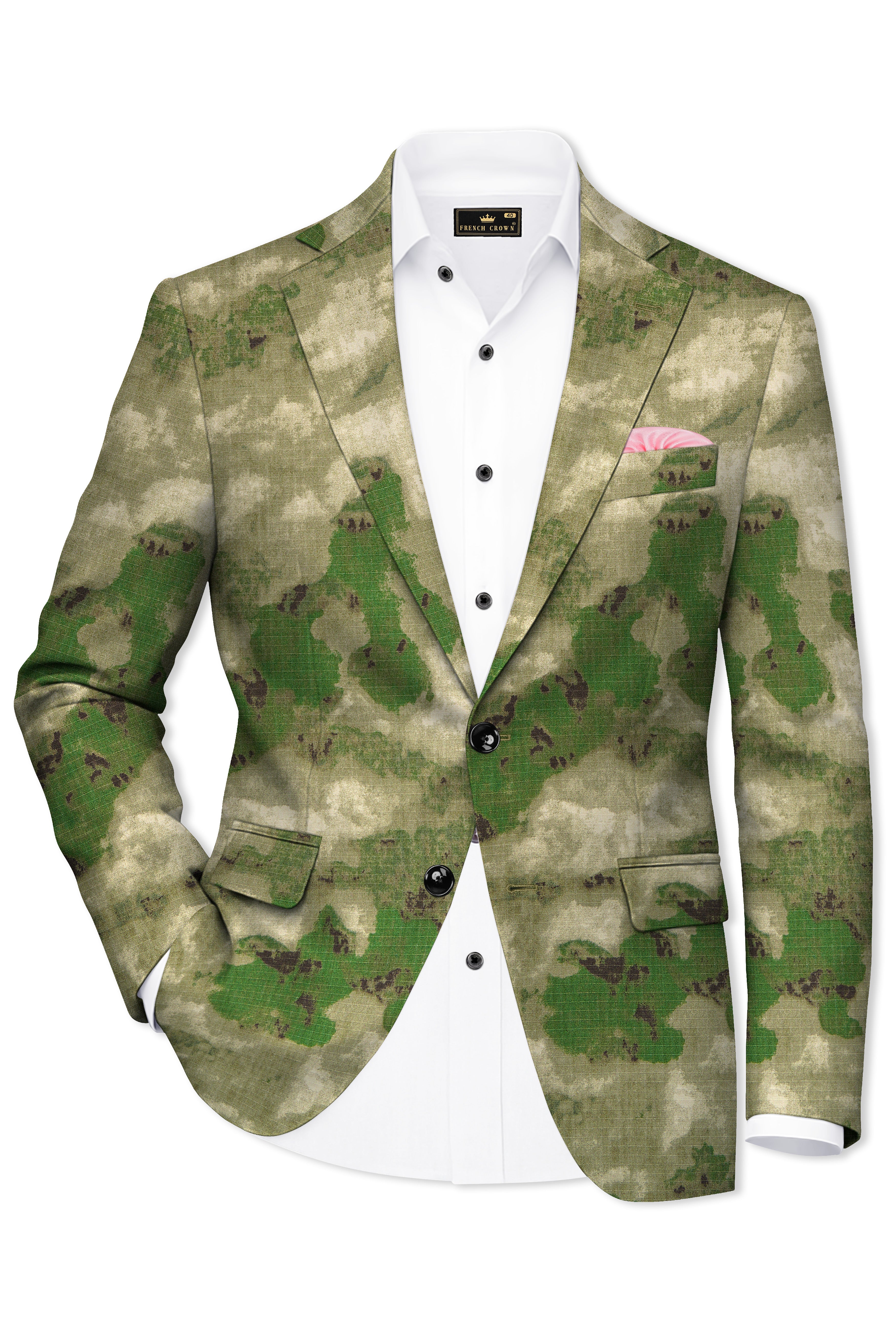 Virenza-Rifle Green and Wafer Cream Tie Dye Printed Premium Cotton Single Breasted Suit