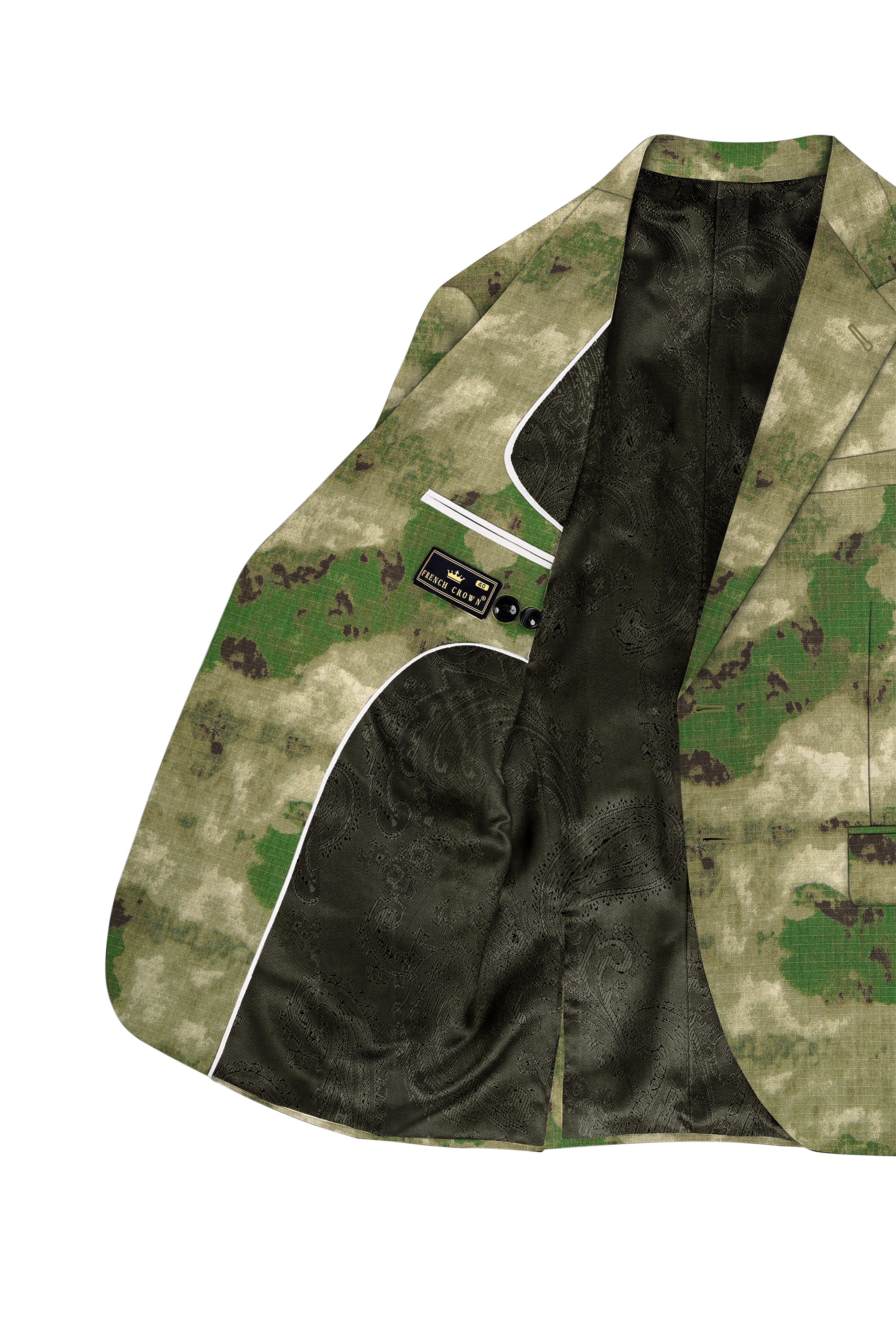 Virenza-Rifle Green and Wafer Cream Tie Dye Printed Premium Cotton Single Breasted Suit