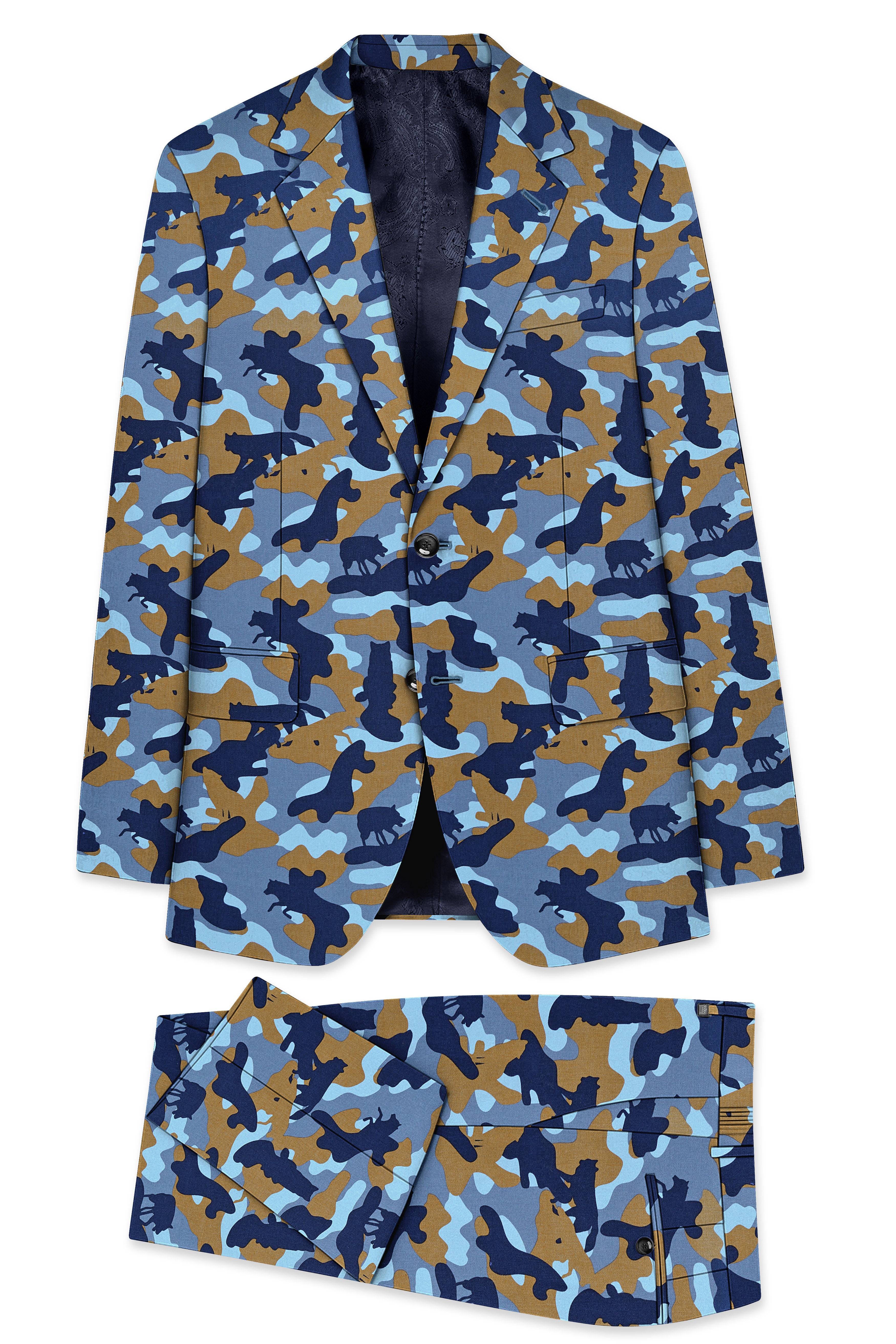 Bluvoro-Martinique Blue And Irish Brown Camouflage Printed Single Breasted Suit