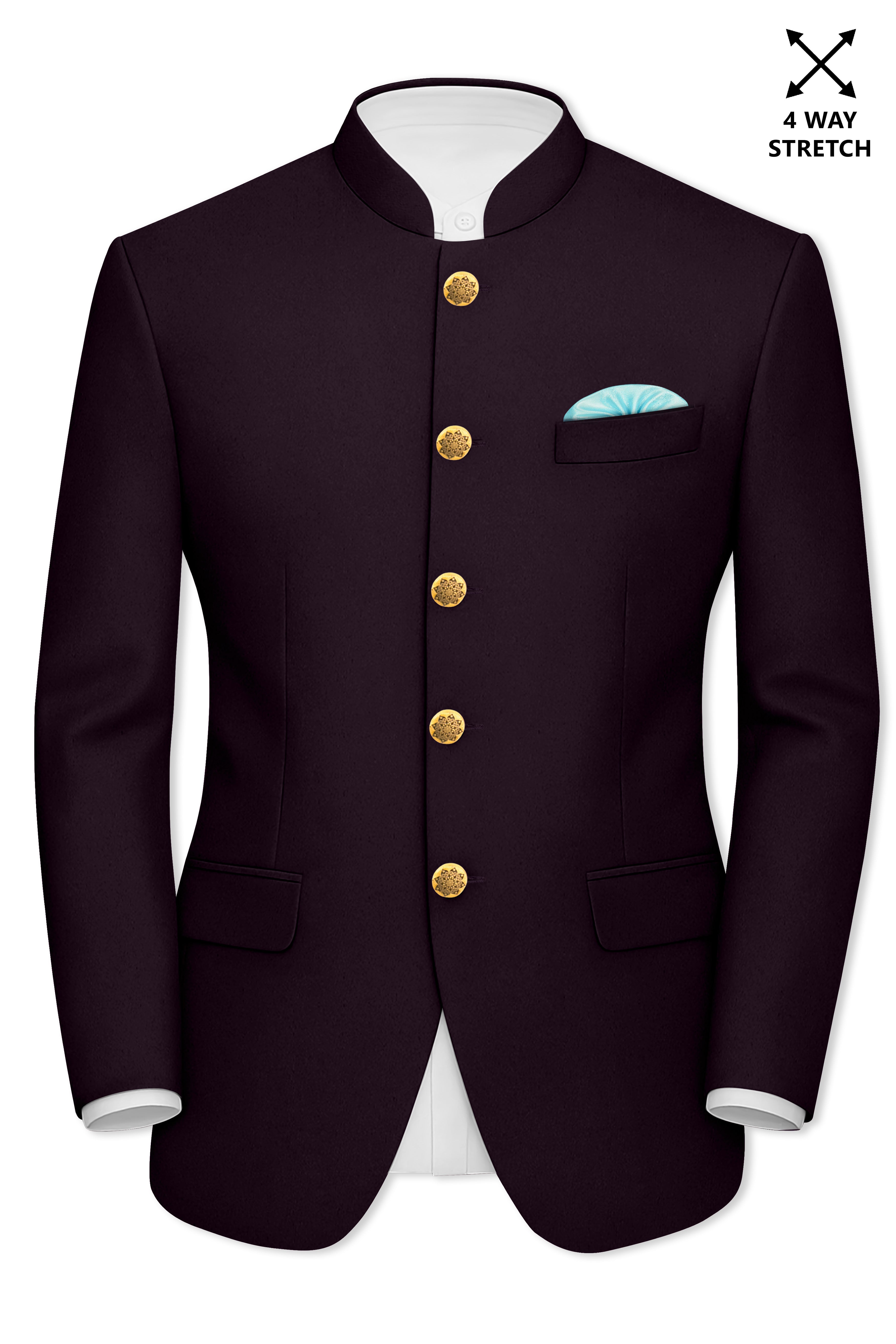 Marenzo-Korean Seal Maroon 4-Way Stretch Wool Rich Bandhgala Suit