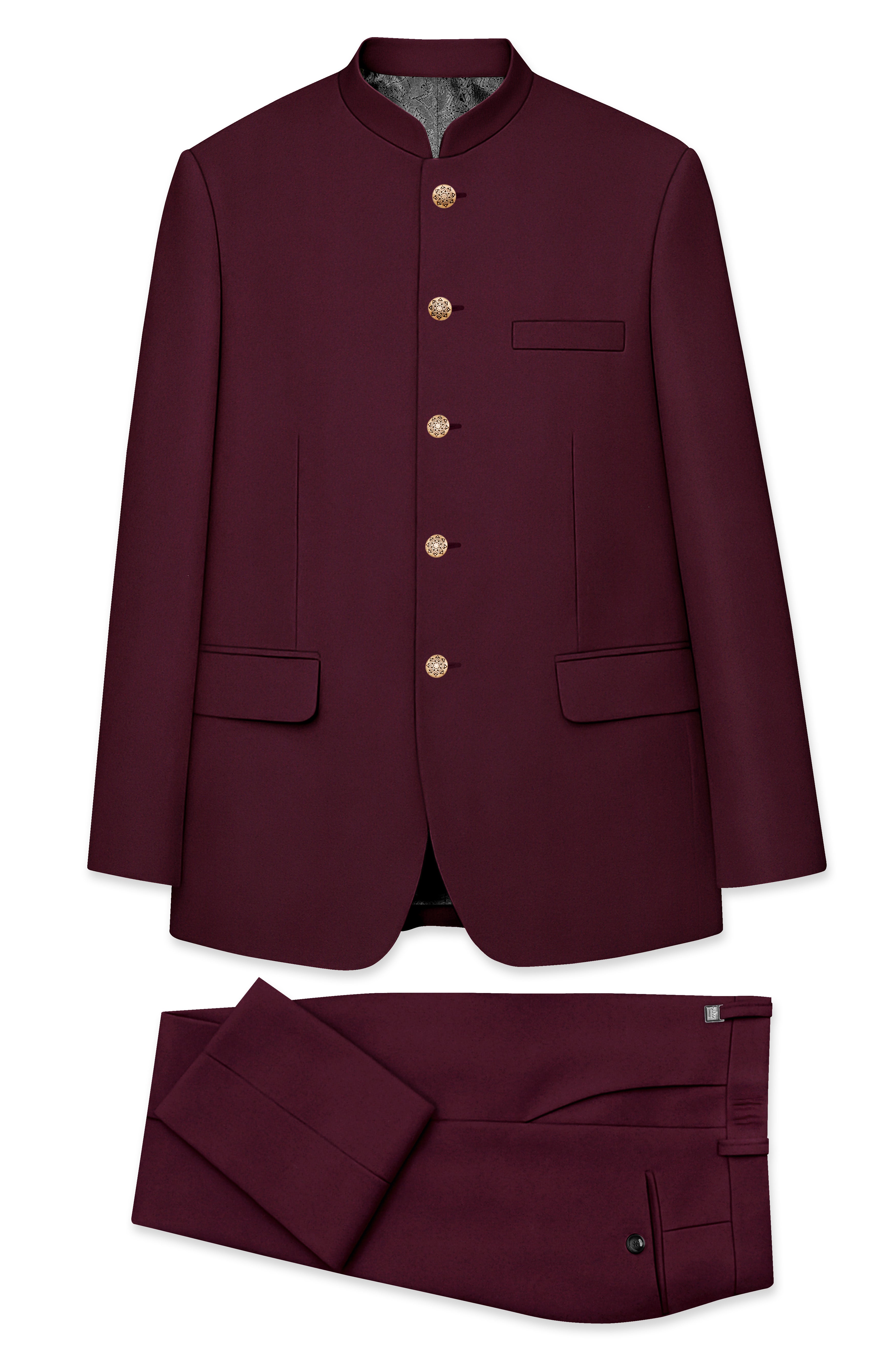 Flexmaro-Korean Crater Maroon 4-Way Stretch Wool Rich Bandhgala Suit