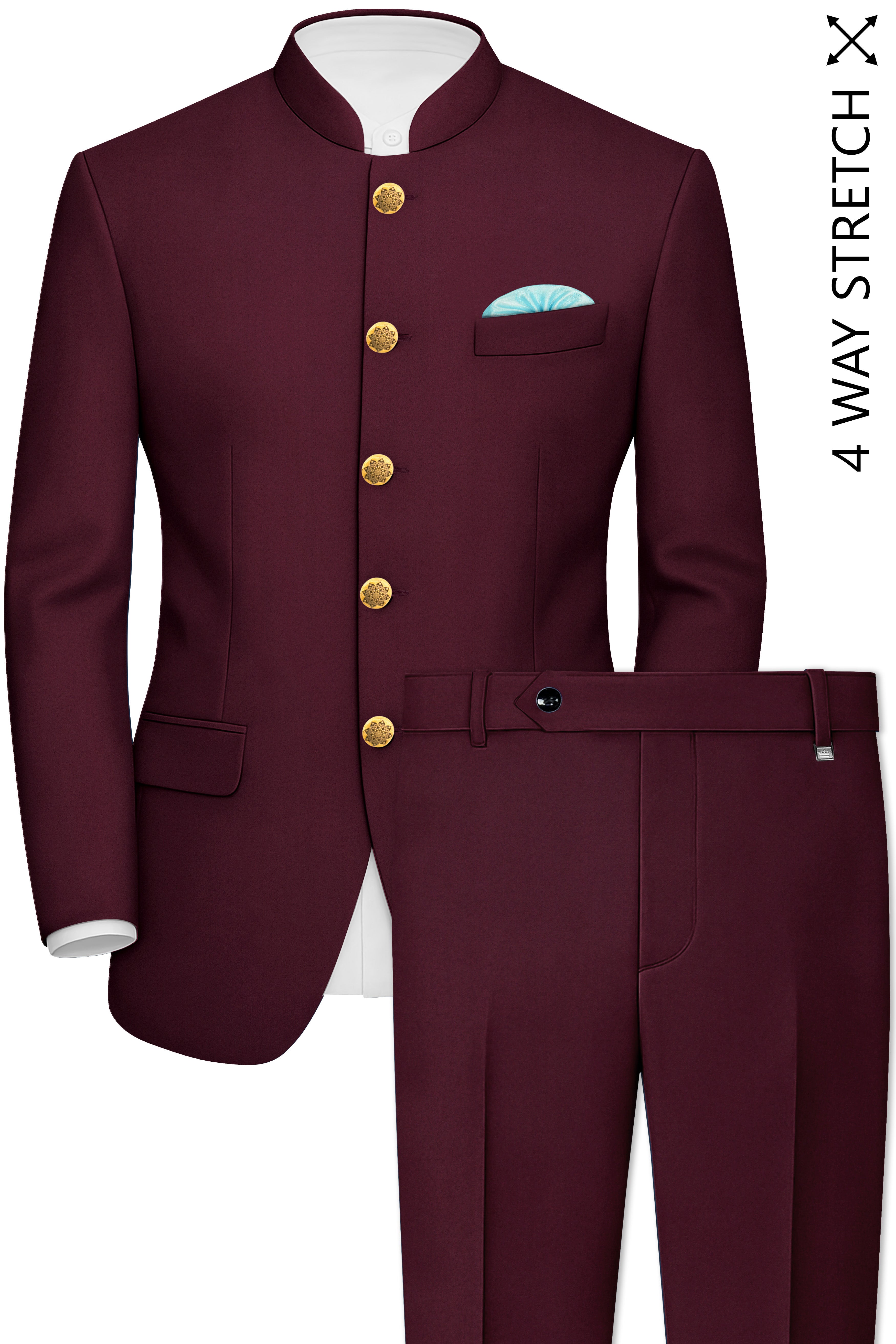 Flexmaro-Korean Crater Maroon 4-Way Stretch Wool Rich Bandhgala Suit