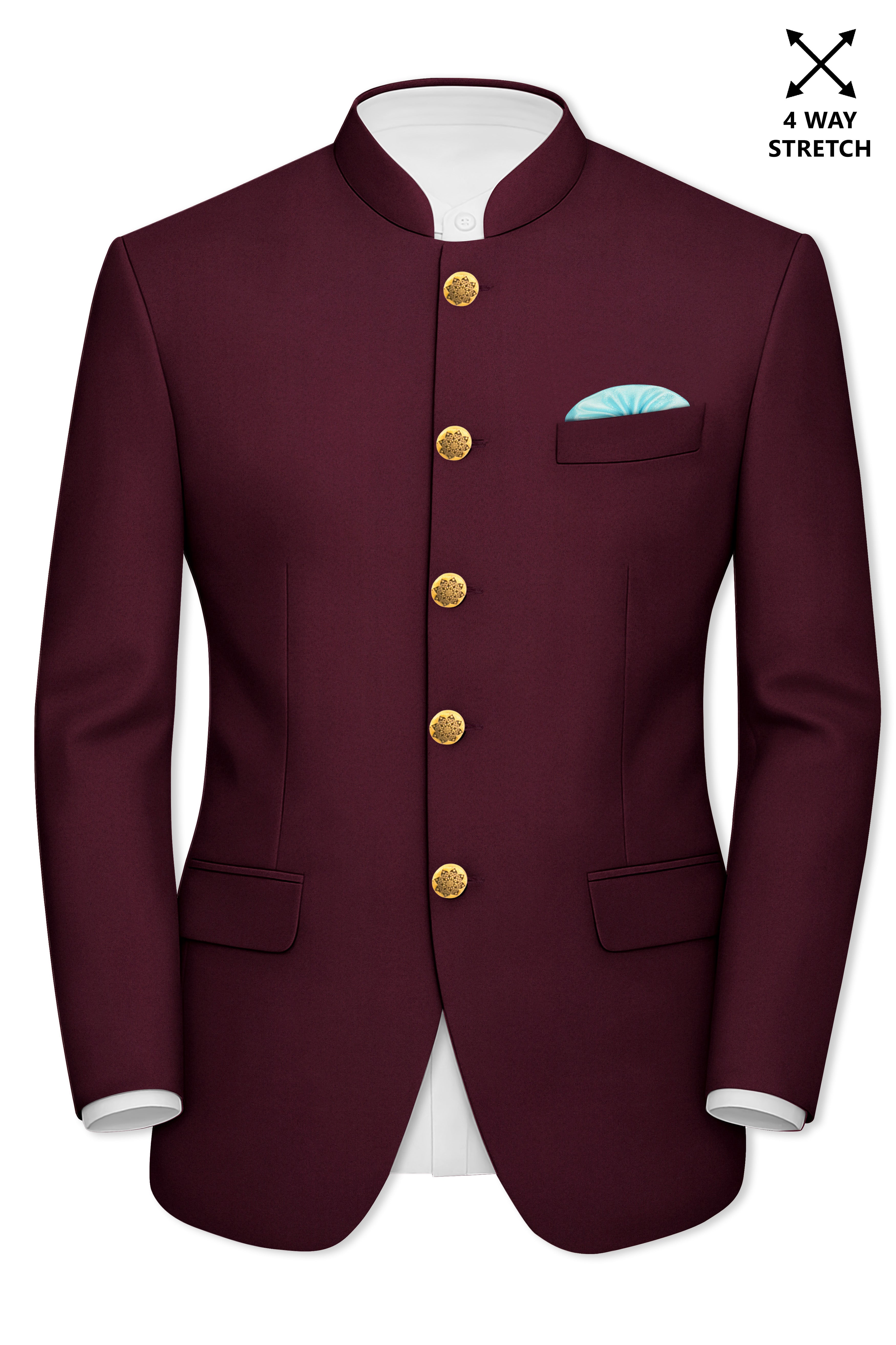 Flexmaro-Korean Crater Maroon 4-Way Stretch Wrinkle-Free Wool Rich Bandhgala Suit