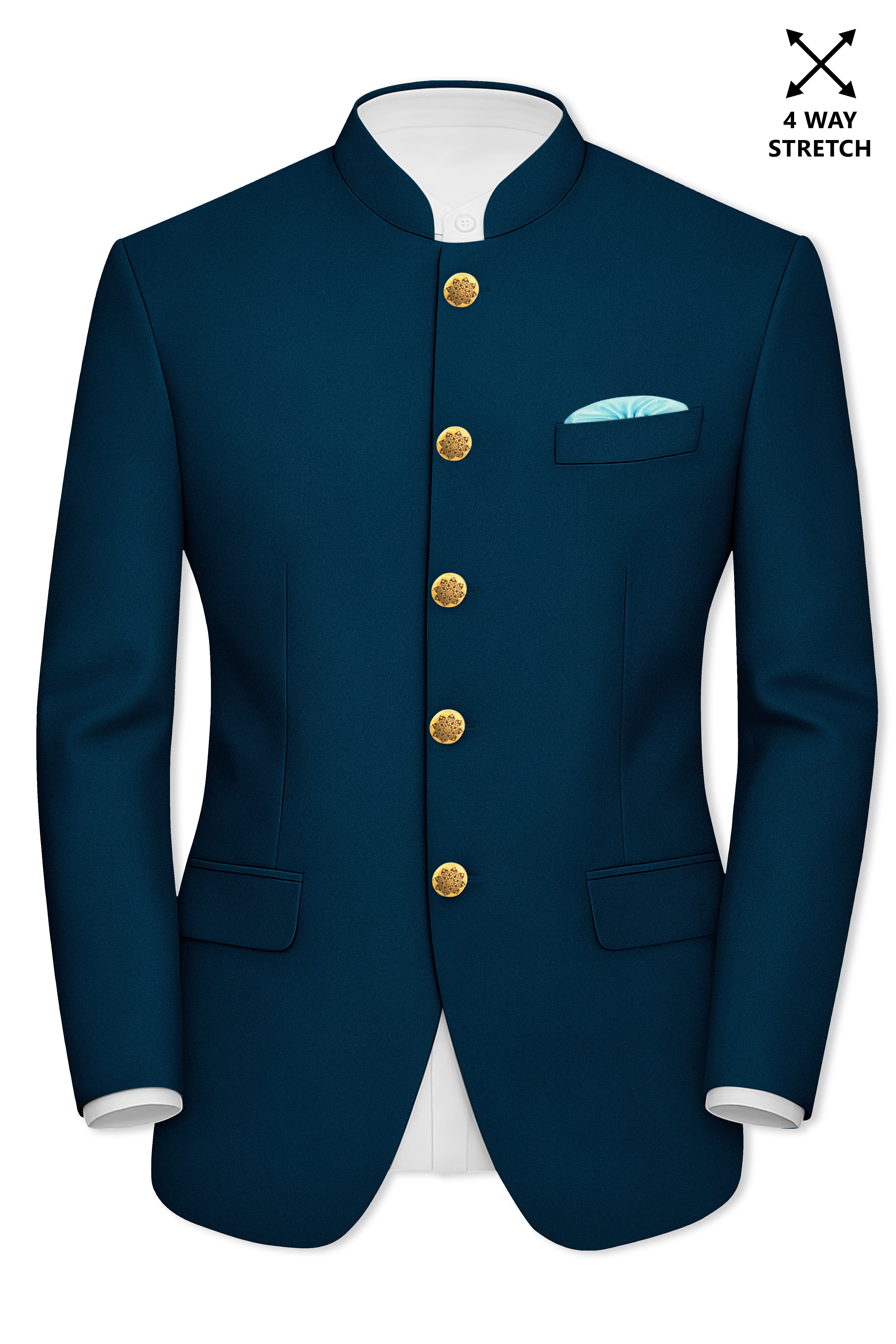 Aureblu-Korean Prussian Blue 4-Way Stretch Wool Rich Bandhgala Suit