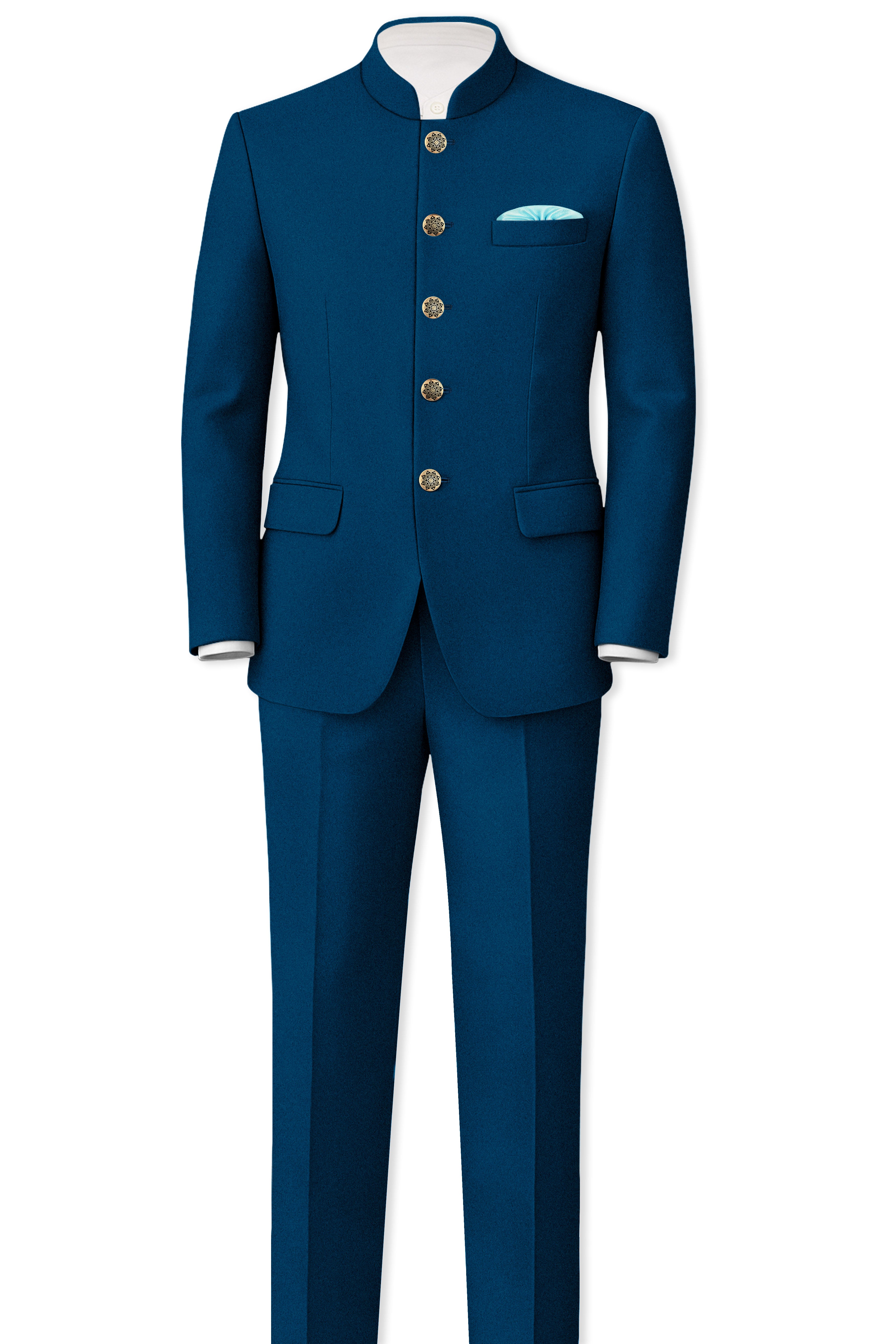 Aureblu-Korean Prussian Blue 4-Way Stretch Wrinkle-Free Wool Rich Bandhgala Suit