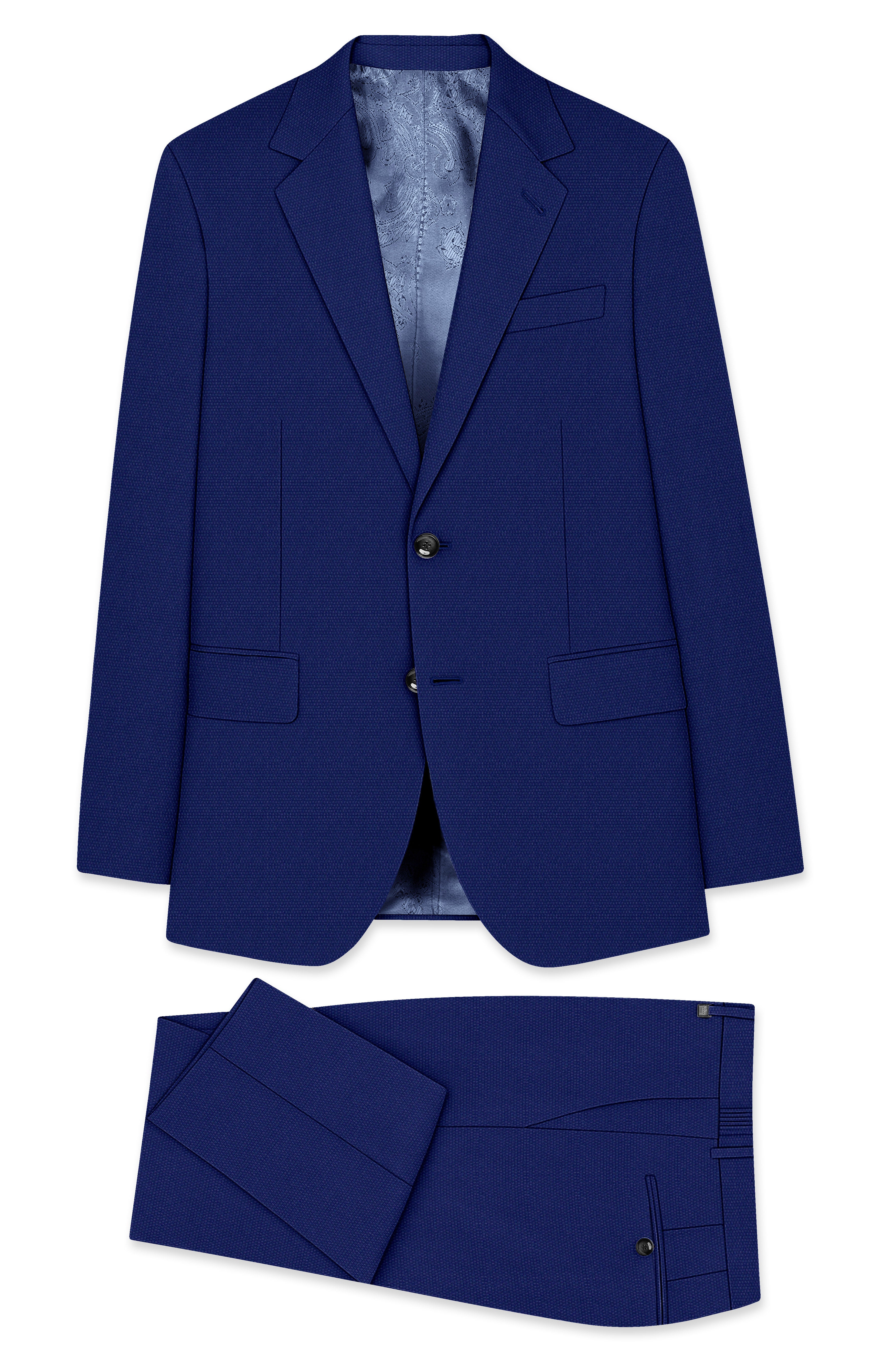 Aureind-indigo Blue Textured Wool Rich Single Breasted Suit