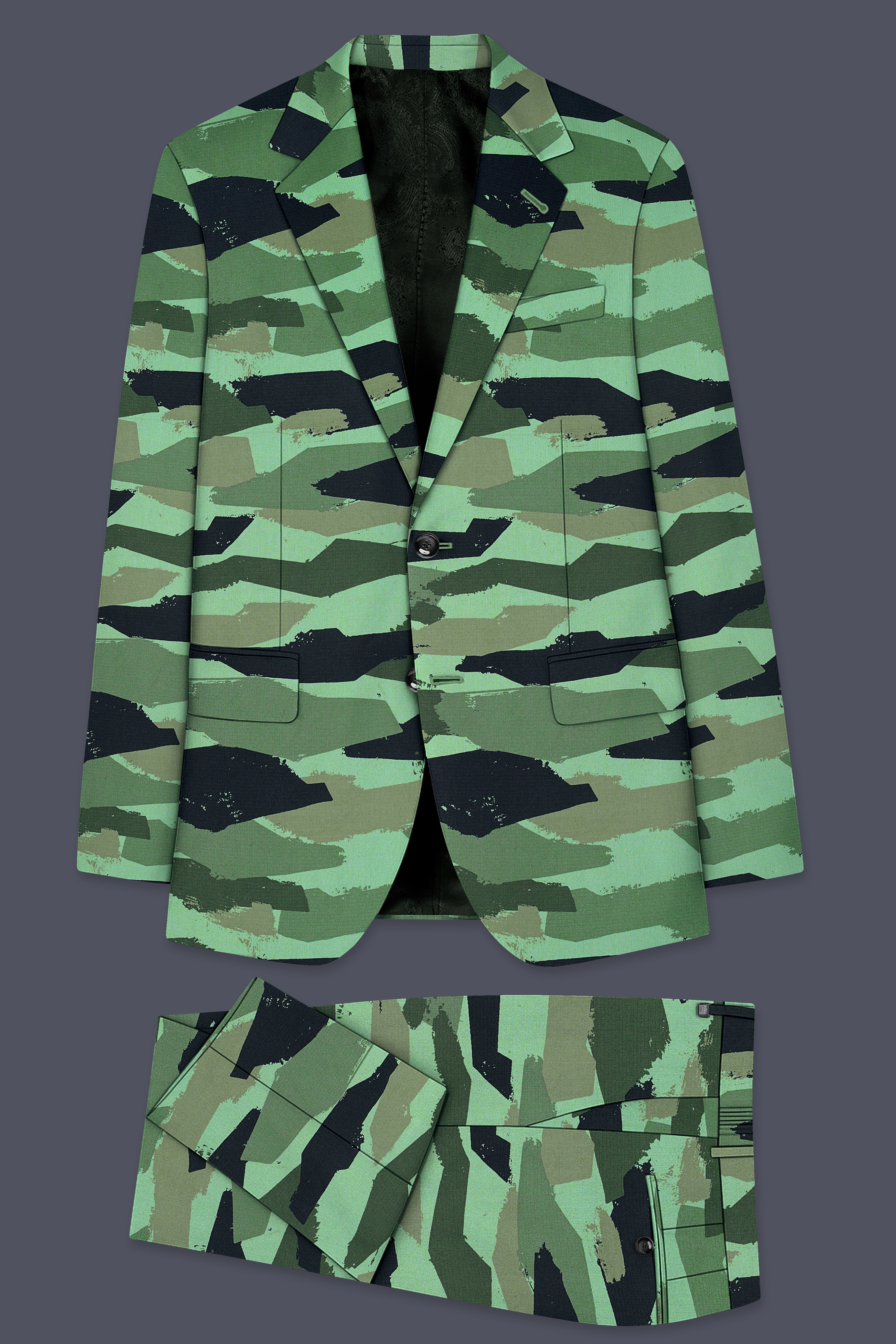 Verdvoro-Pale Green And Firefly Blue Camouflage Printed Premium Cotton Single Breasted Suit