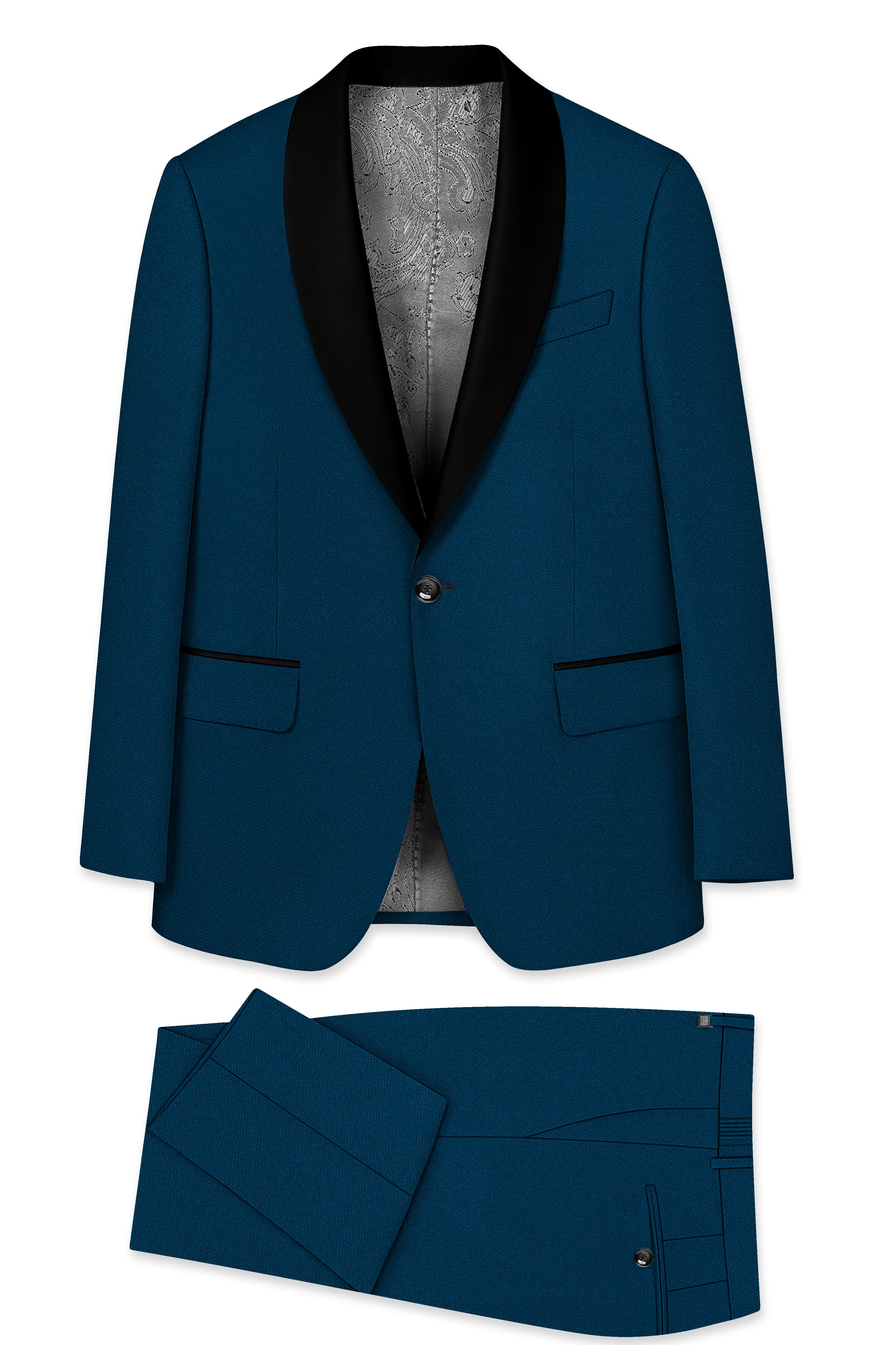 Aureblu-Korean Prussian Blue 4-Way Stretch Wrinkle-Free Wool Rich Tuxedo Suit