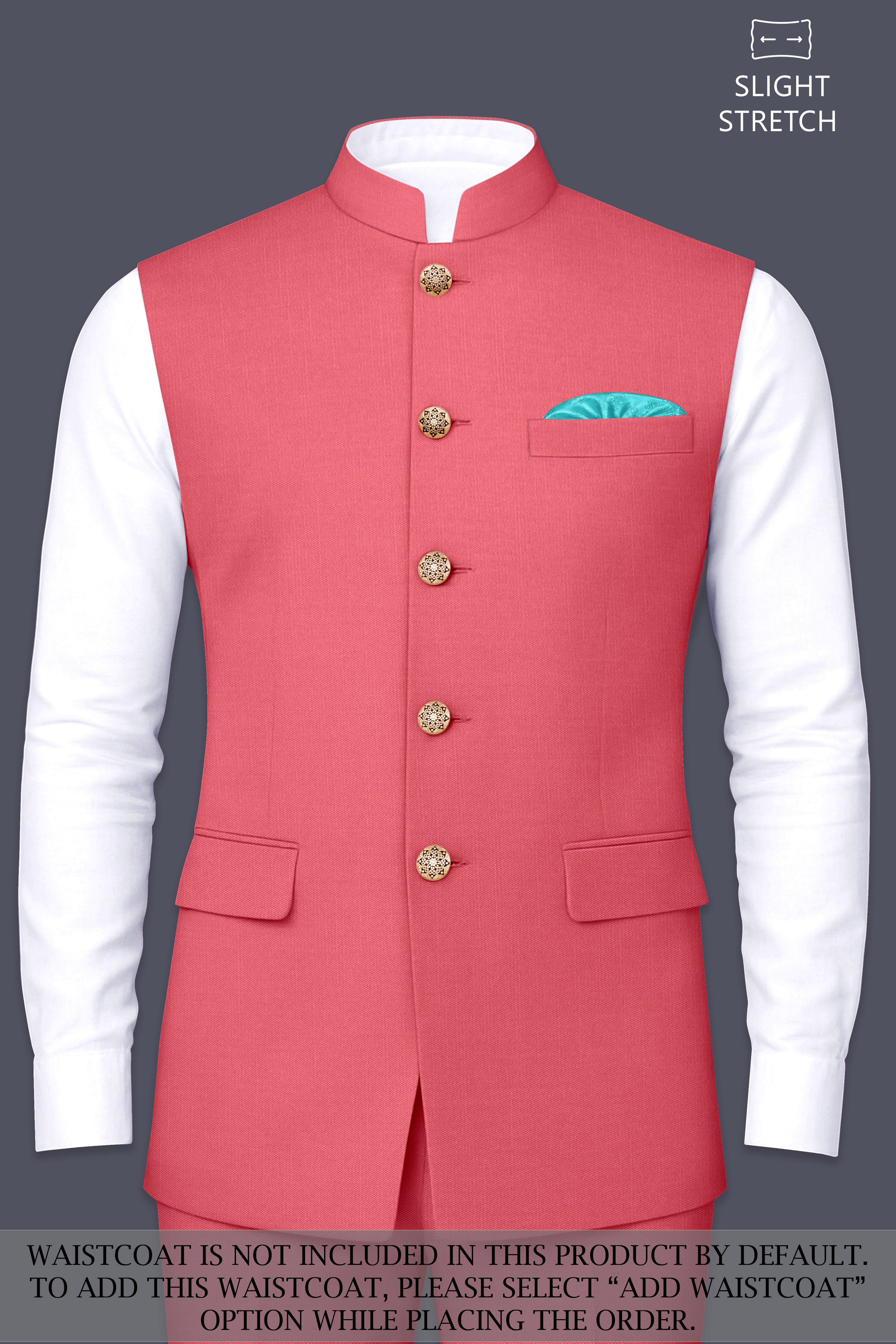 Aurerosa-Roman Pink Wool Rich Cross Placket Bandhgala Slight Stretch Suit