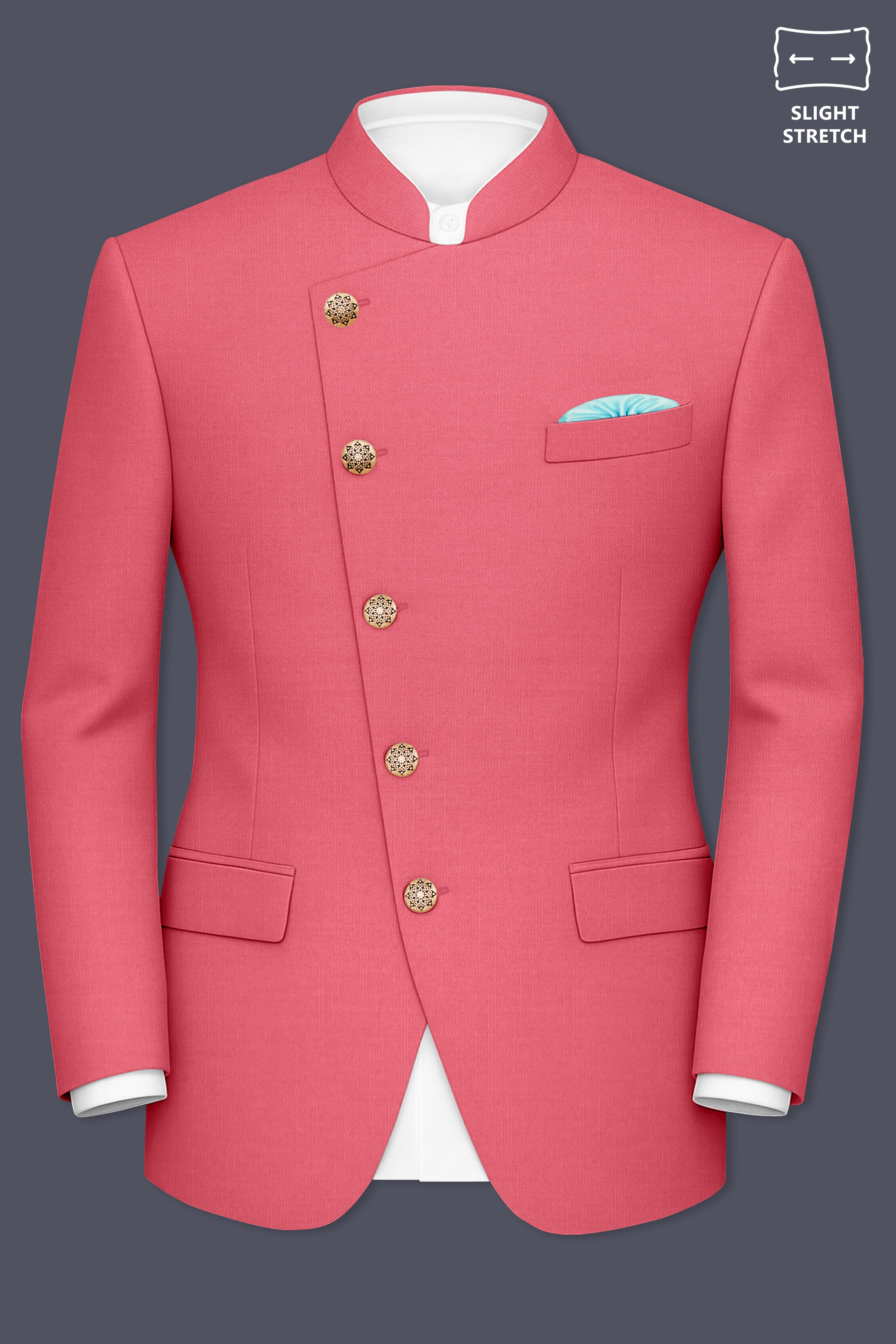Aurerosa-Roman Pink Wool Rich Cross Placket Bandhgala Slight Stretch Suit