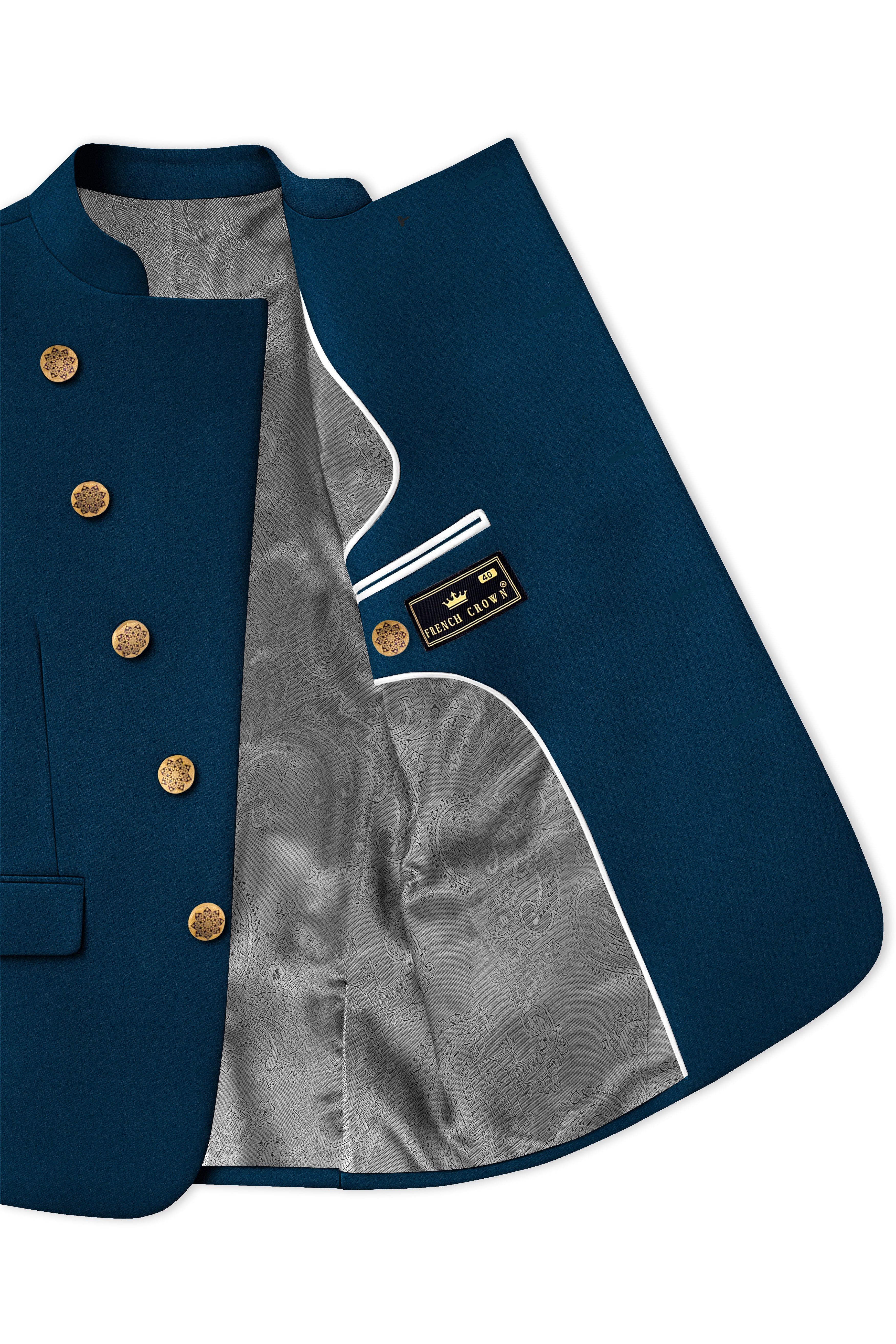 Aureblu-Korean Prussian Blue 4-Way Stretch Wool Rich Cross Placket Bandhgala Suit