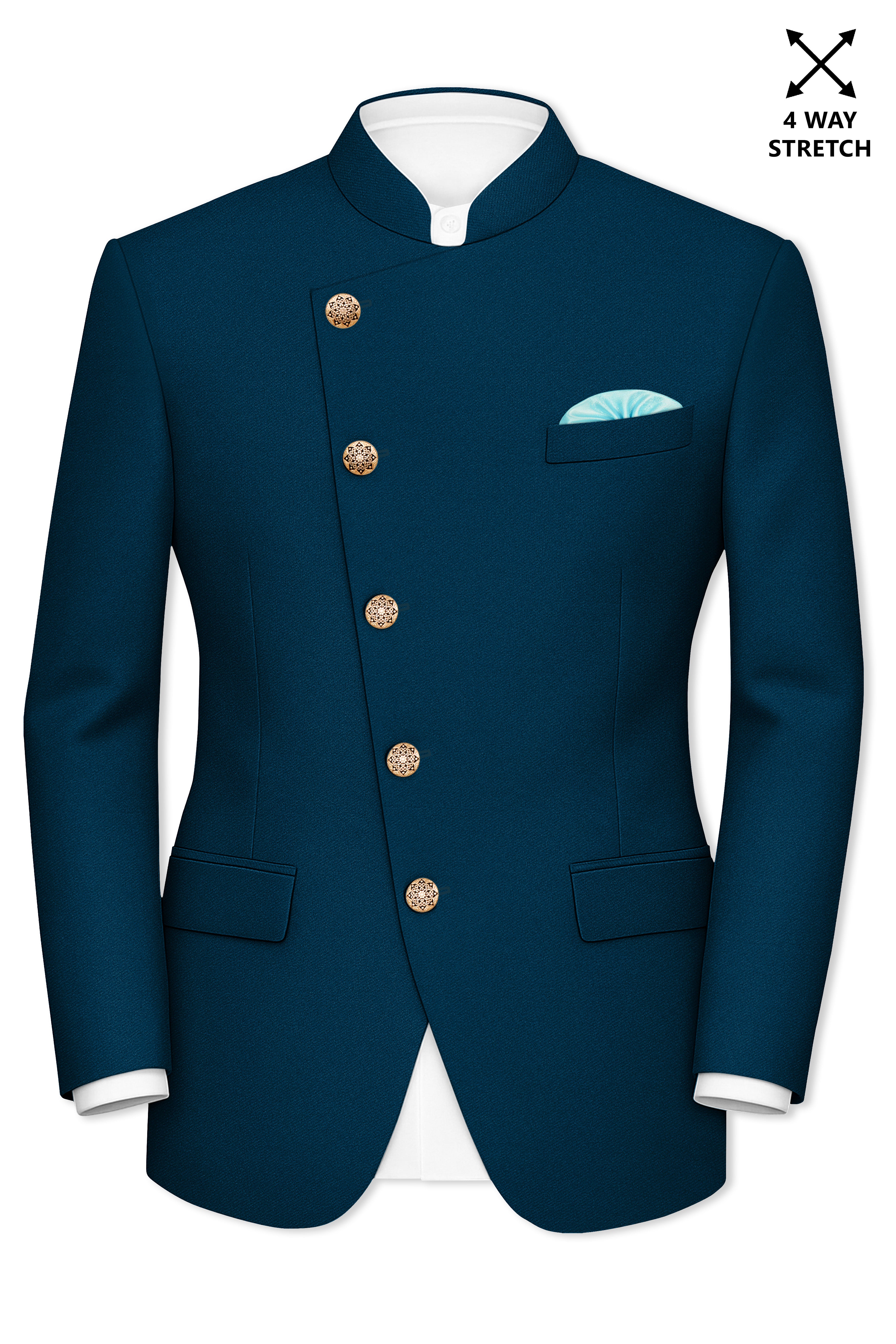 Aureblu-Korean Prussian Blue 4-Way Stretch Wool Rich Cross Placket Bandhgala Suit