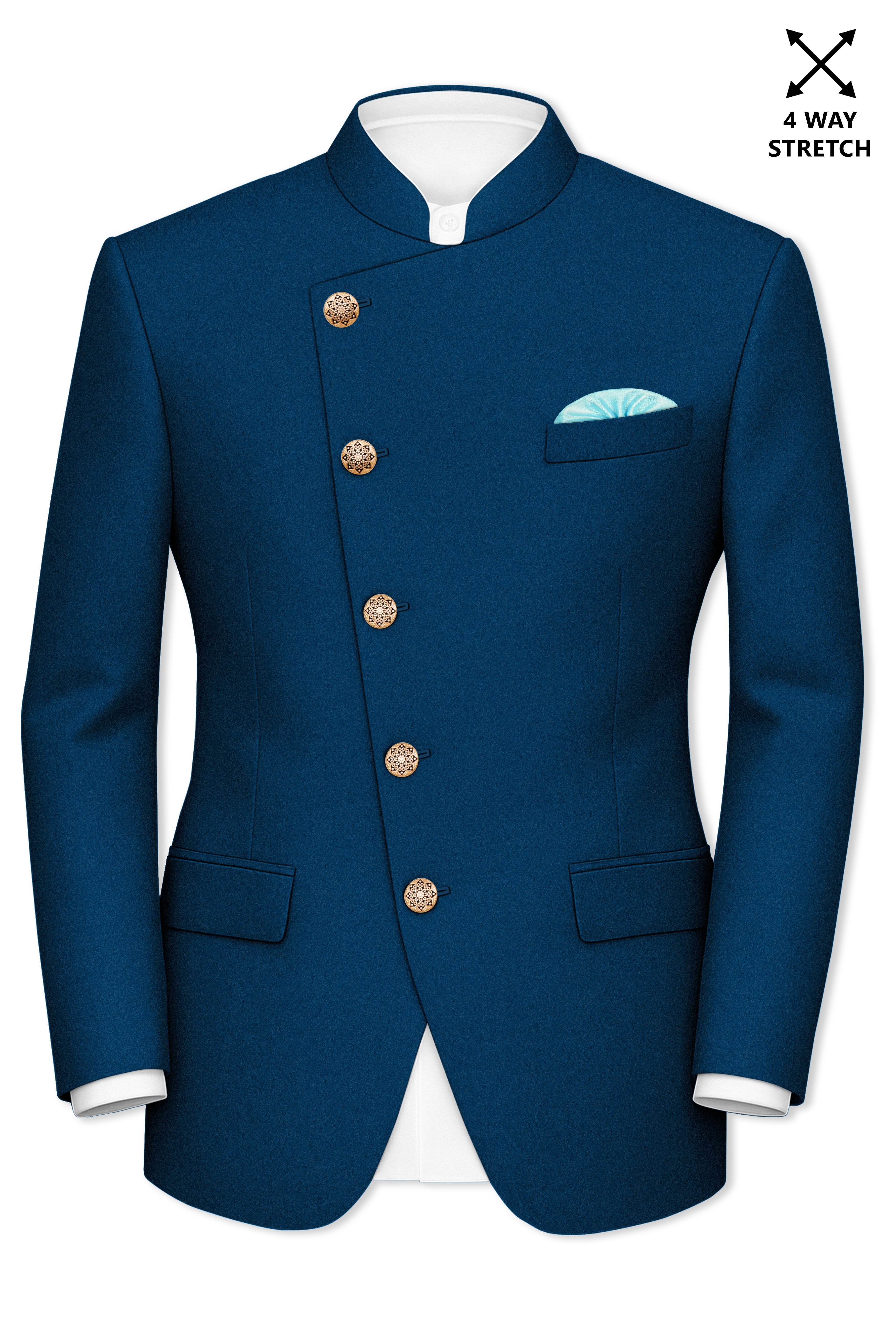 Aureblu-Korean Prussian Blue 4-Way Stretch Wrinkle-Free Wool Rich Cross Placket Bandhgala Suit