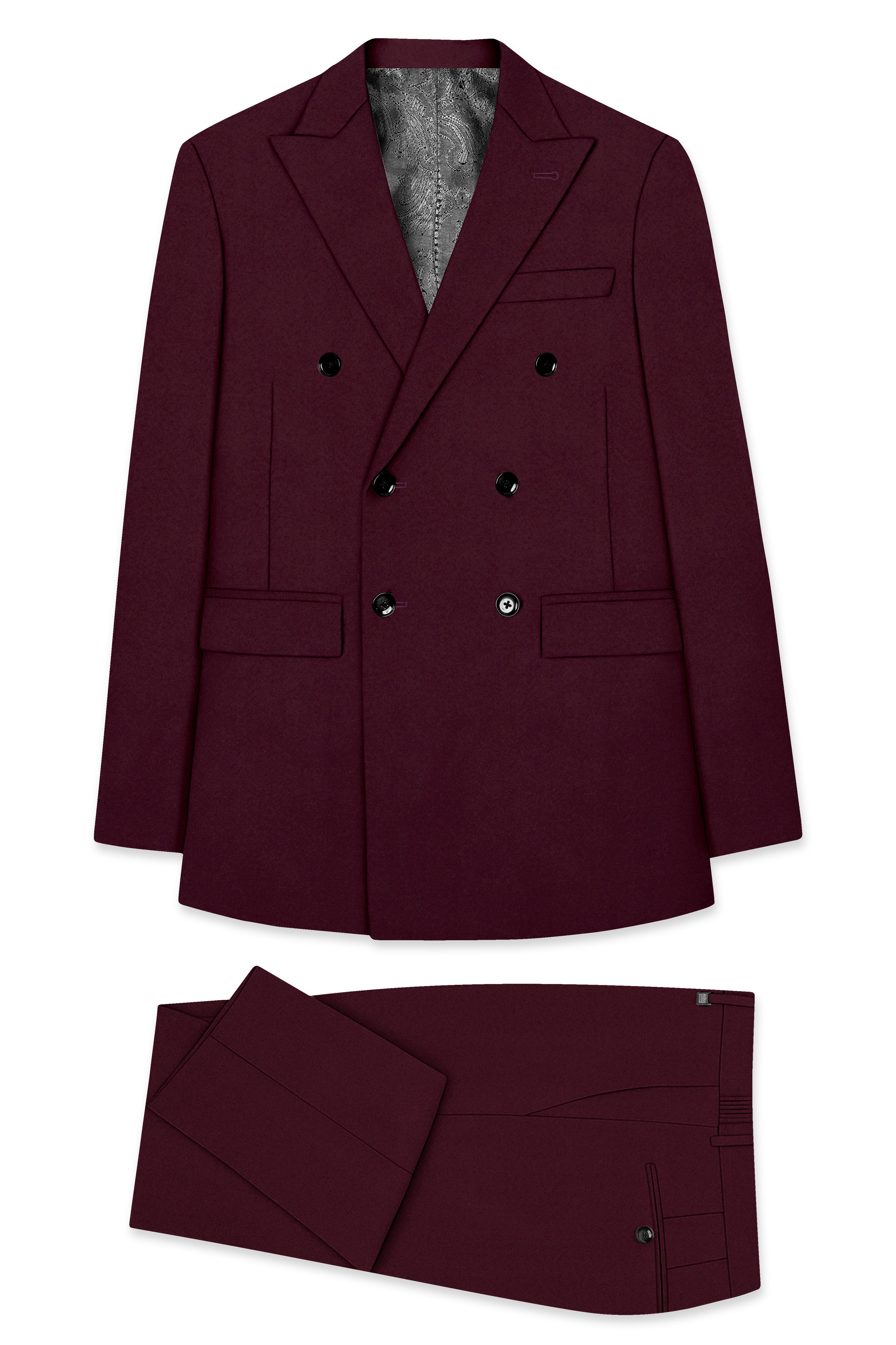 Flexmaro-Korean Crater Maroon 4-Way Stretch Wrinkle-Free Wool Rich Double Breasted Suit