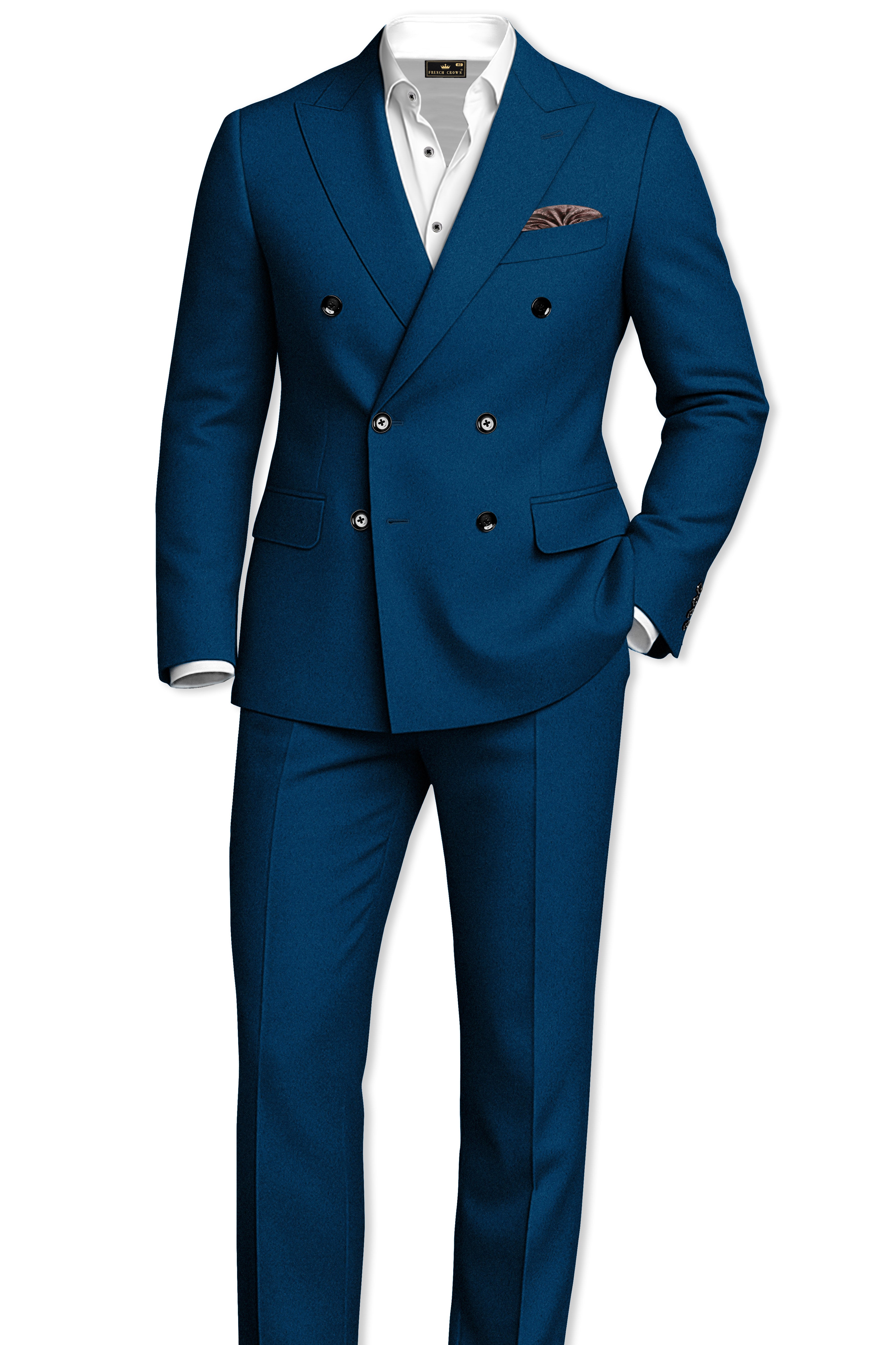 Aureblu-Korean Prussian Blue 4-Way Stretch Wrinkle-Free Wool Rich Double Breasted Suit