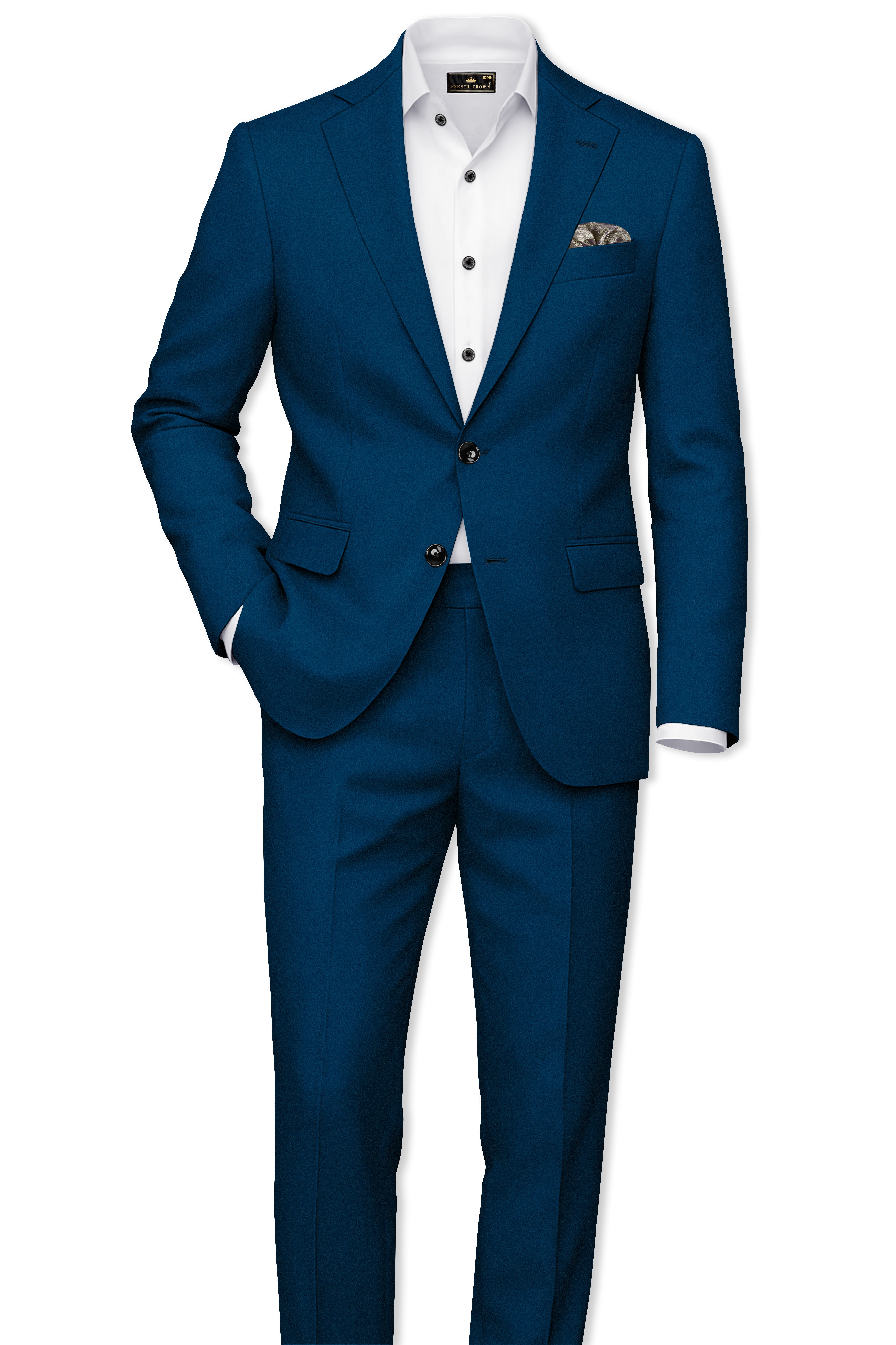 Aureblu-Korean Prussian Blue 4-Way Stretch Wrinkle-Free Wool Rich Single Breasted Suit